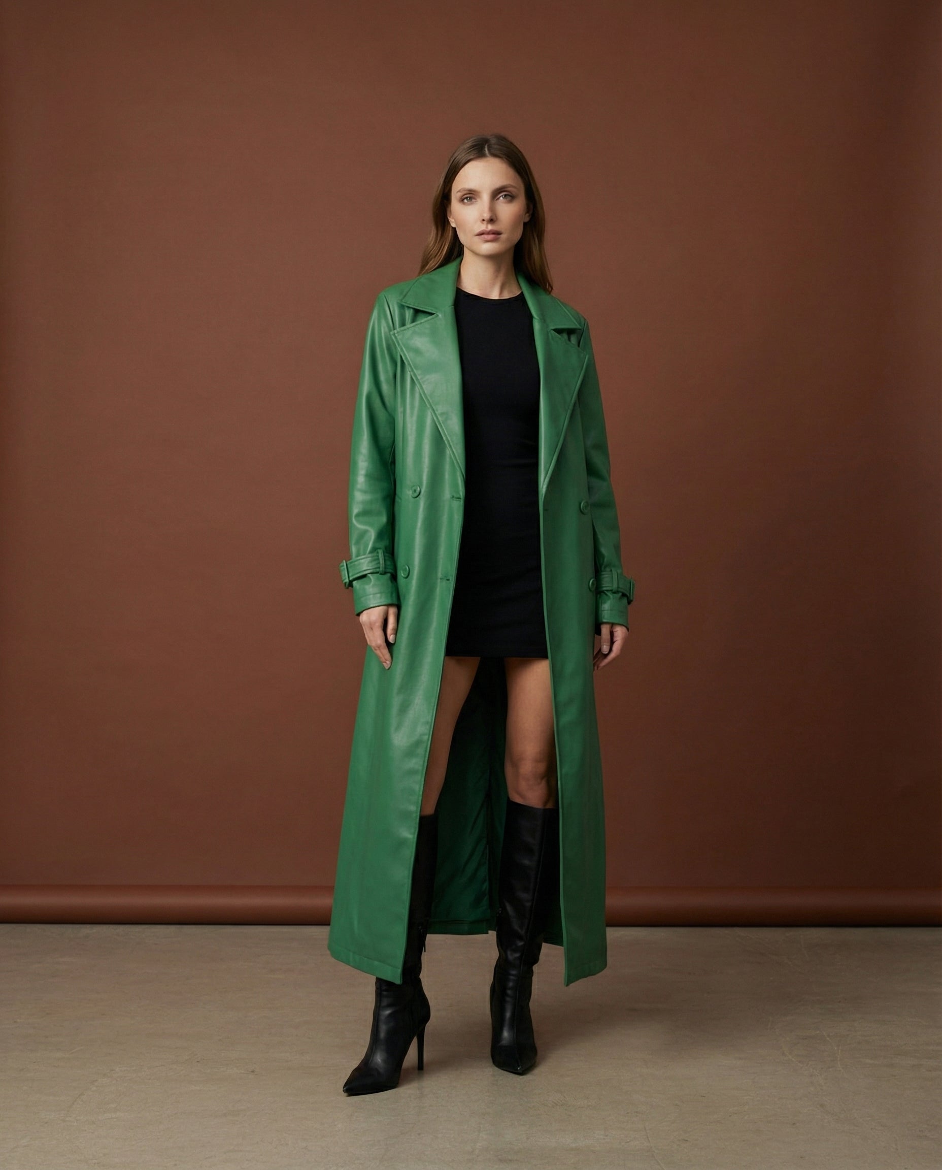 styling/ スタイリング color long coat Green Single-Breasted Trenchcoat - Elegant Long Coat | Mizmiz