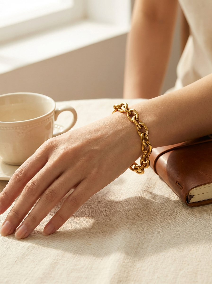 Hand wearing a gold bracelet with a cup and book in the background