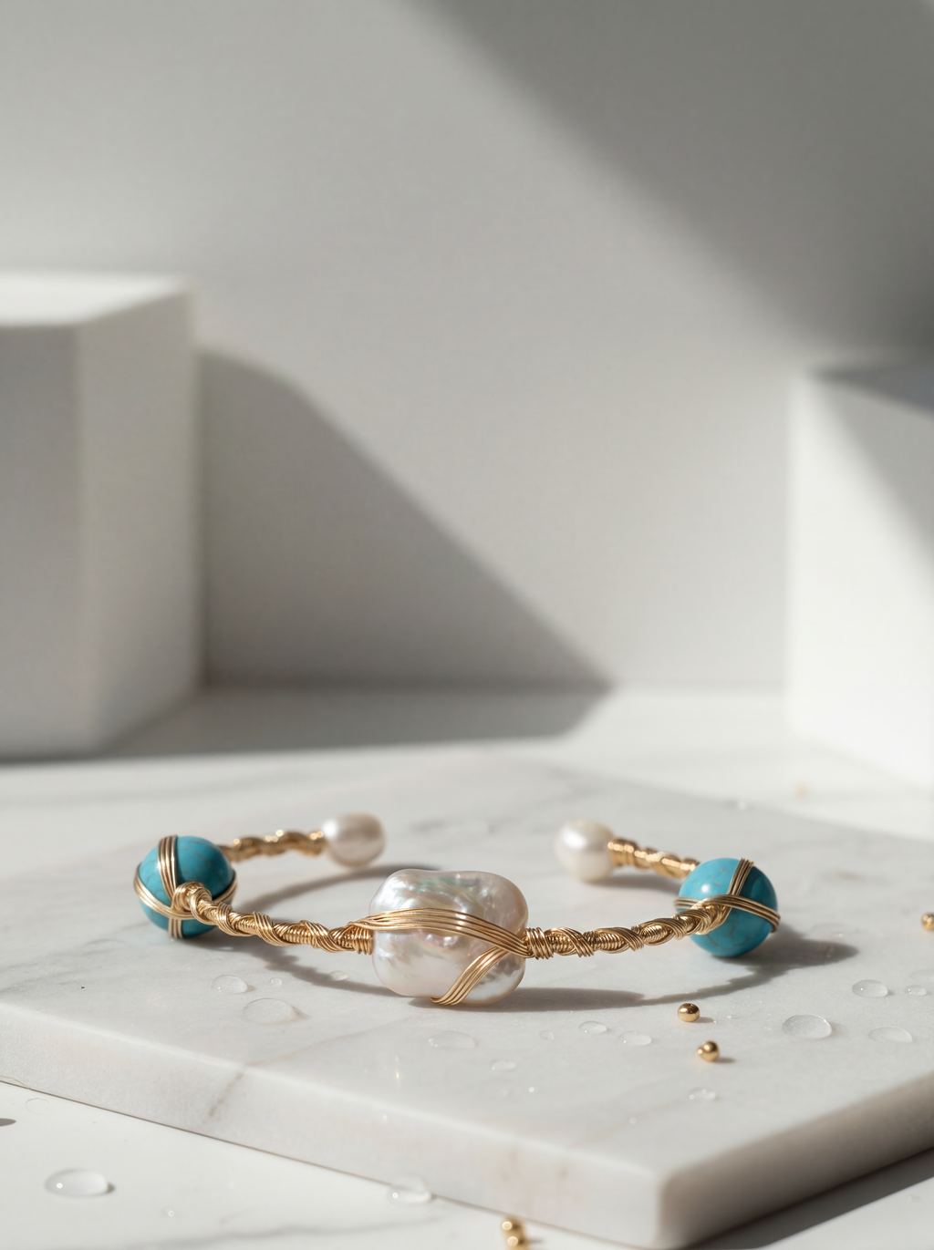 Gold bracelet with turquoise and pearl beads on a marble surface