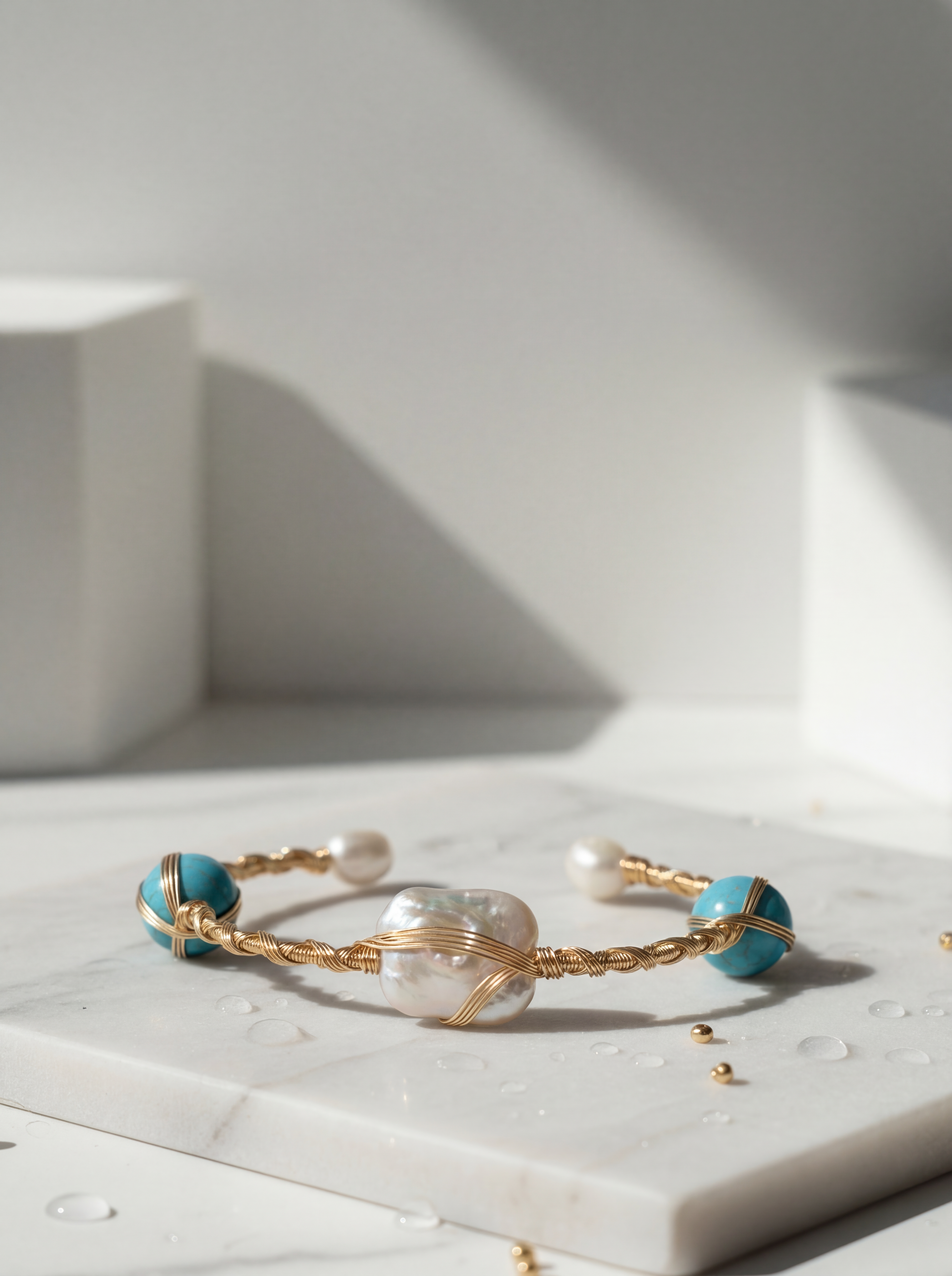 Gold bracelet with turquoise and pearl beads on a marble surface