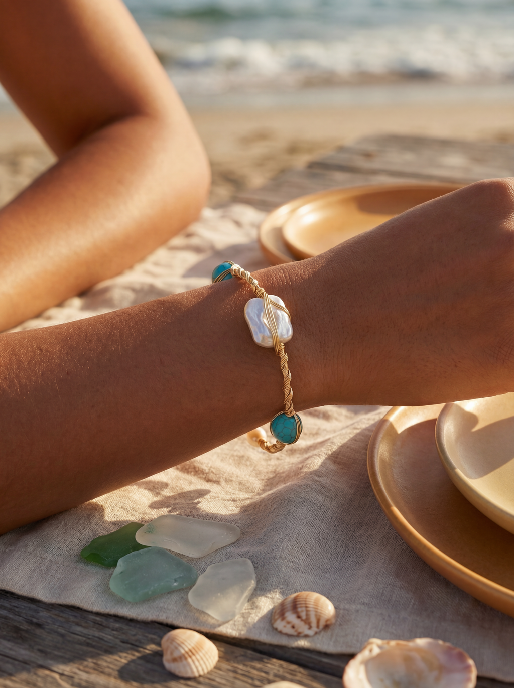 Person wearing a bracelet with natural elements on a beach setting