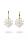 Pair of white floral earrings with gold hooks on a white background