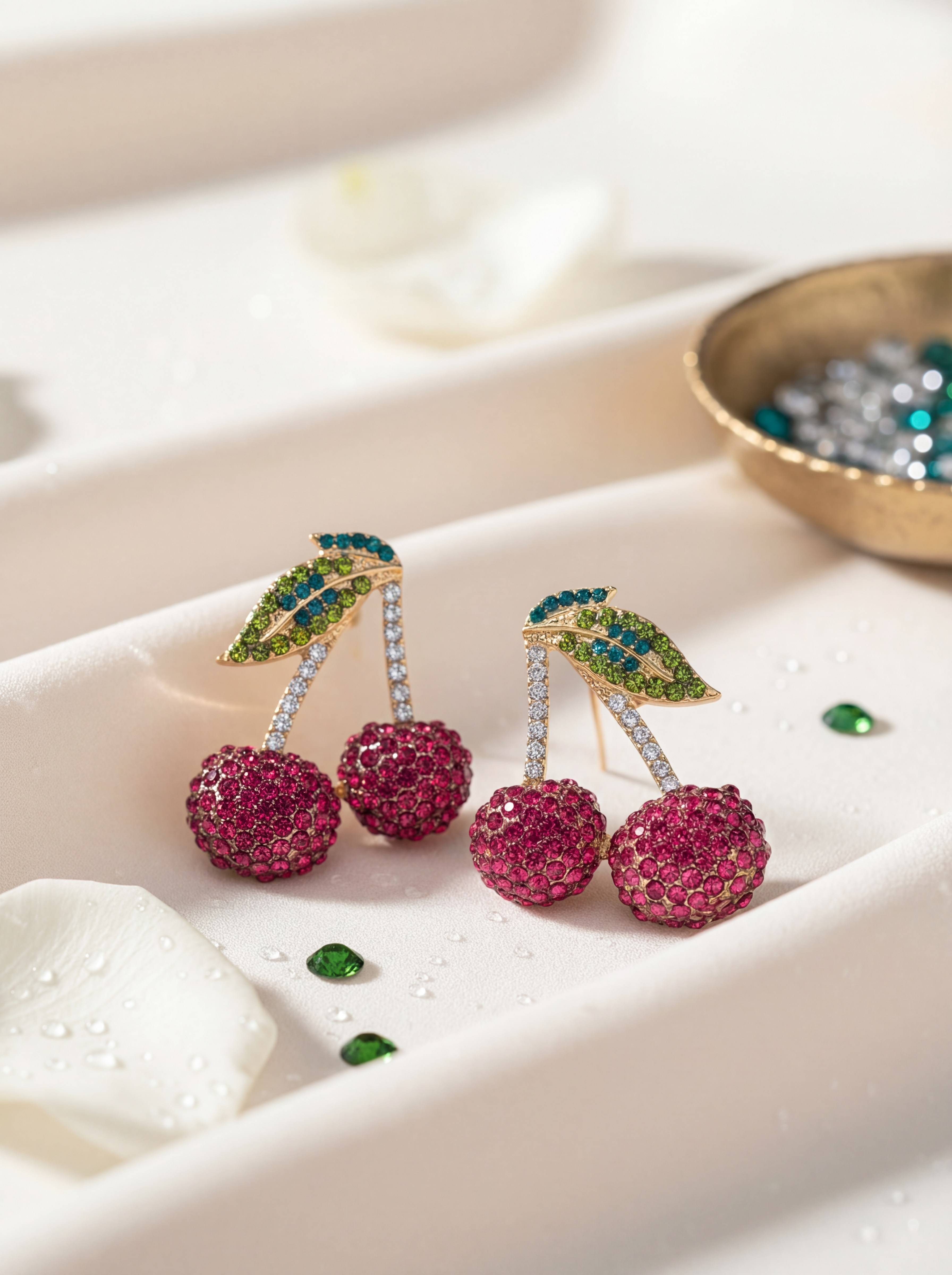 Cherry-shaped earrings with gemstones on a white surface