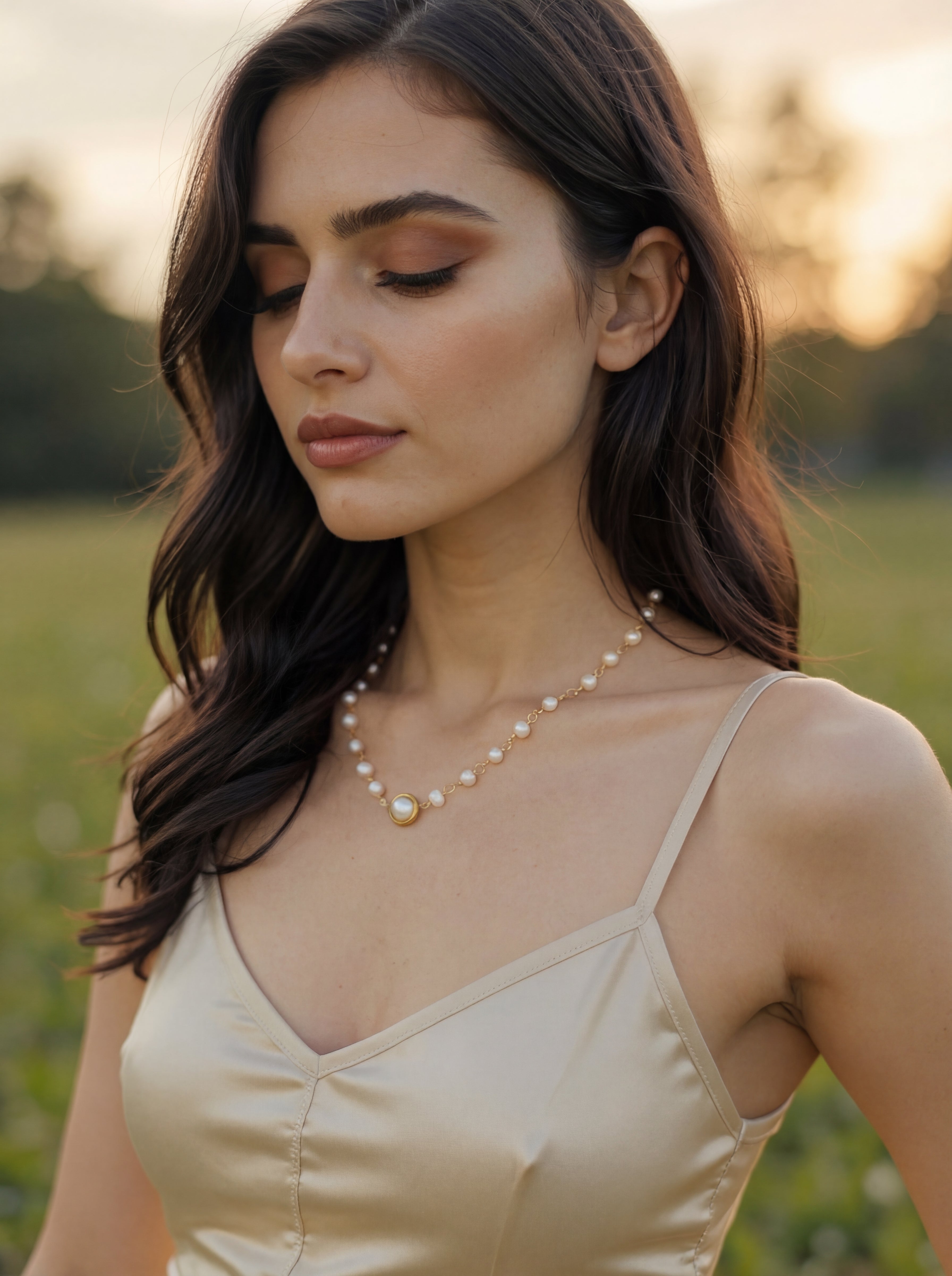 Woman wearing a beige dress and pearl necklace in a natural setting