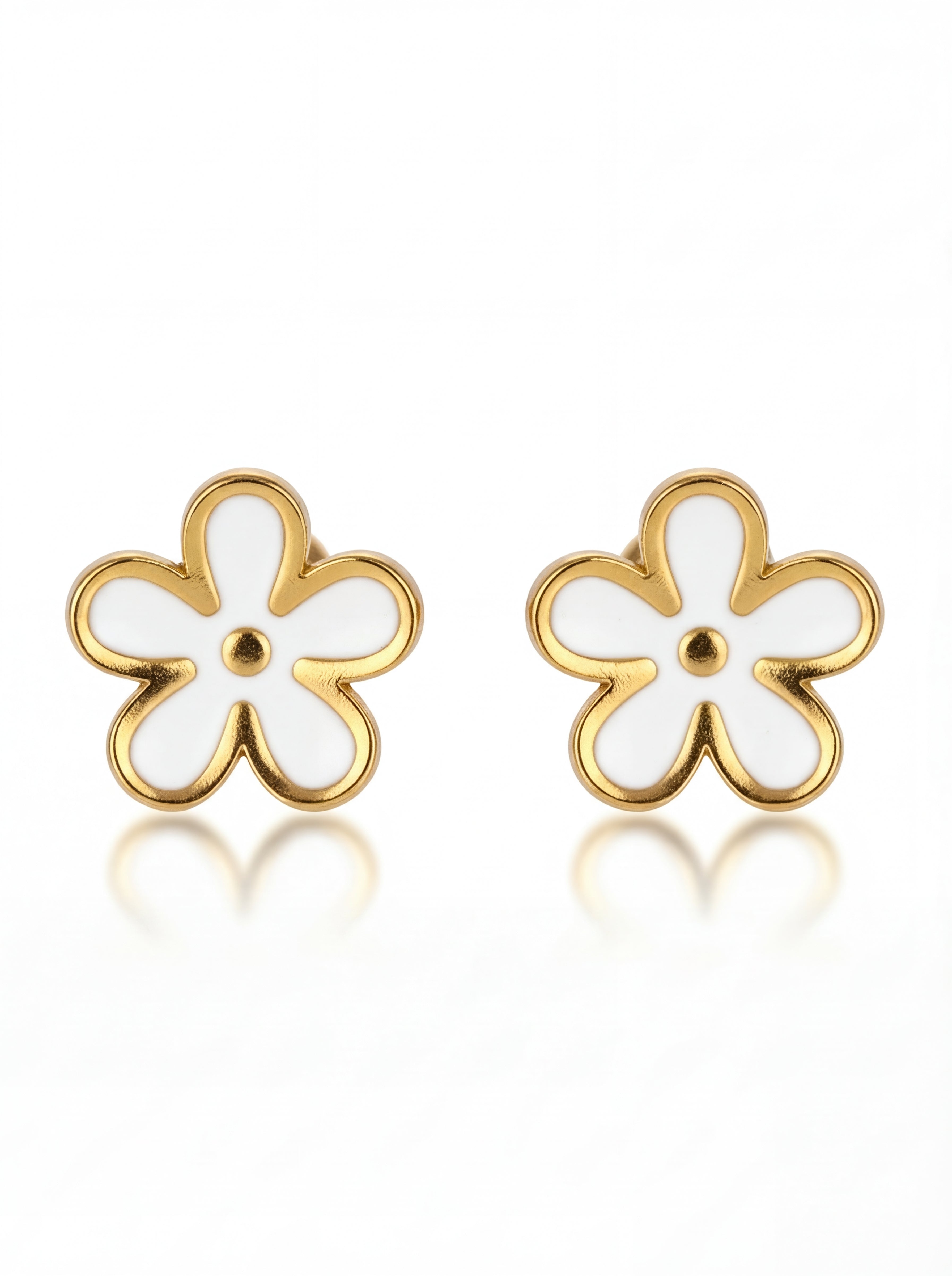 Pair of flower-shaped earrings with gold frames and white centers on a white background
