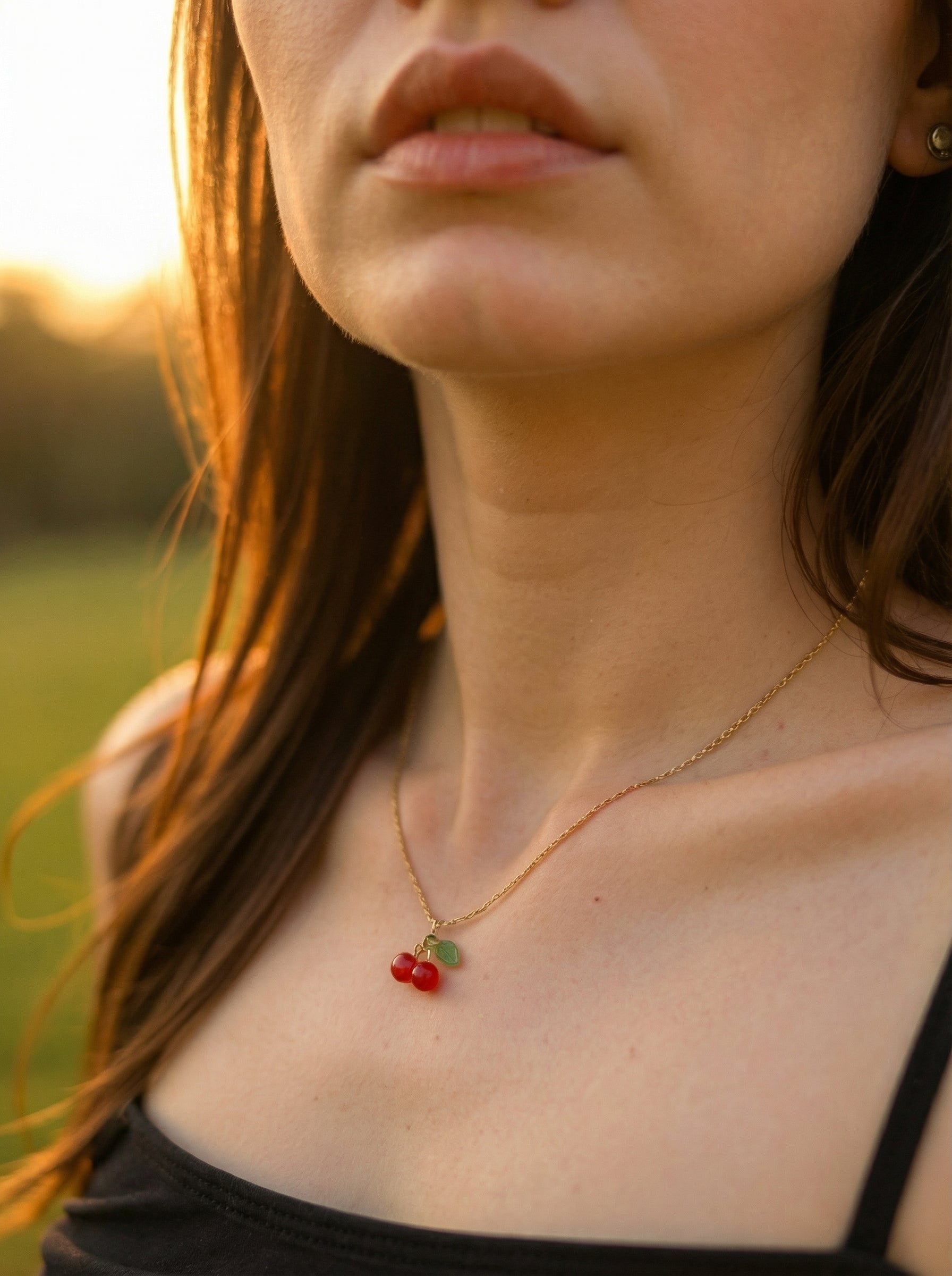 Niedliche, süße rote Kirschhalskette, 18 Karat vergoldet – Edelstahl