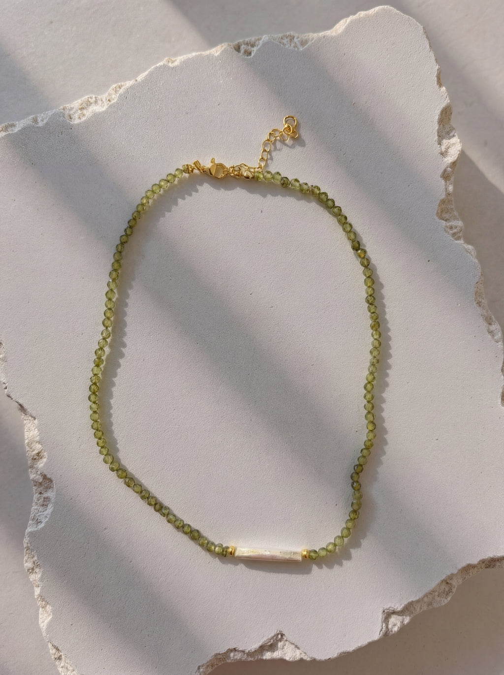 Freshwater Pearl Bar Bead Necklace - Dainty Olive Green Beaded