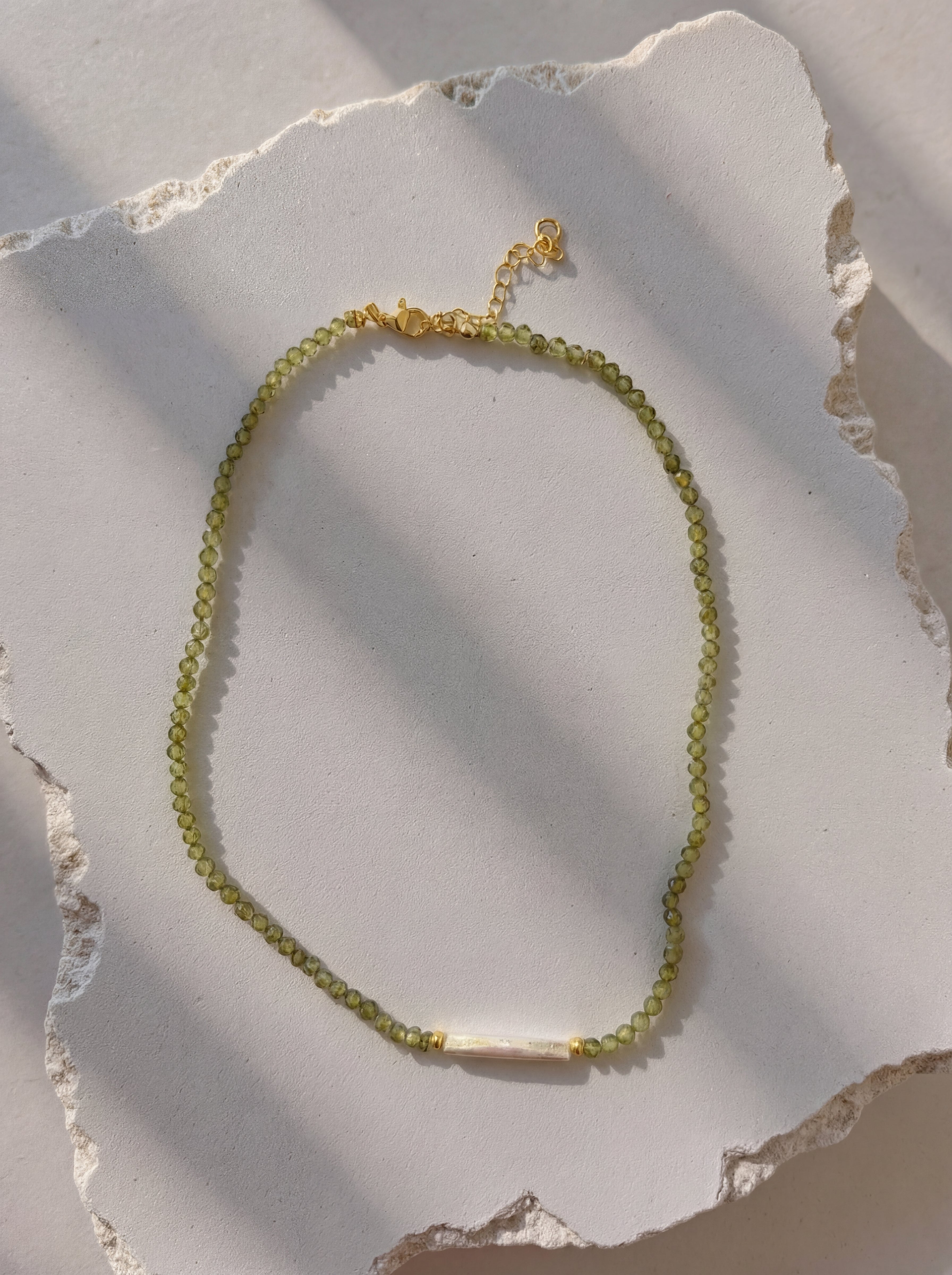 Freshwater Pearl Bar Bead Necklace - Dainty Olive Green Beaded
