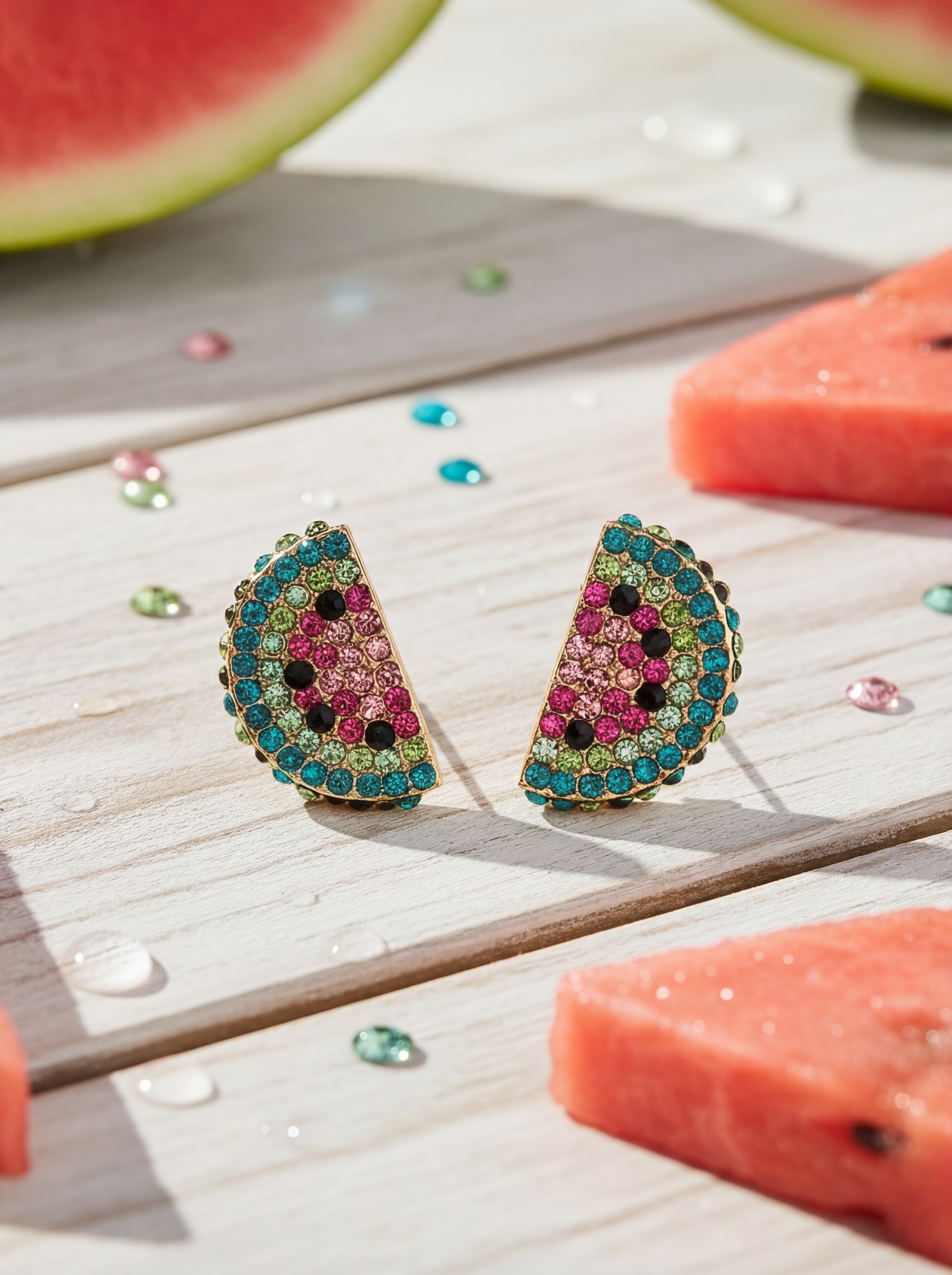 Watermelon-themed earrings on a wooden surface with watermelon slices.