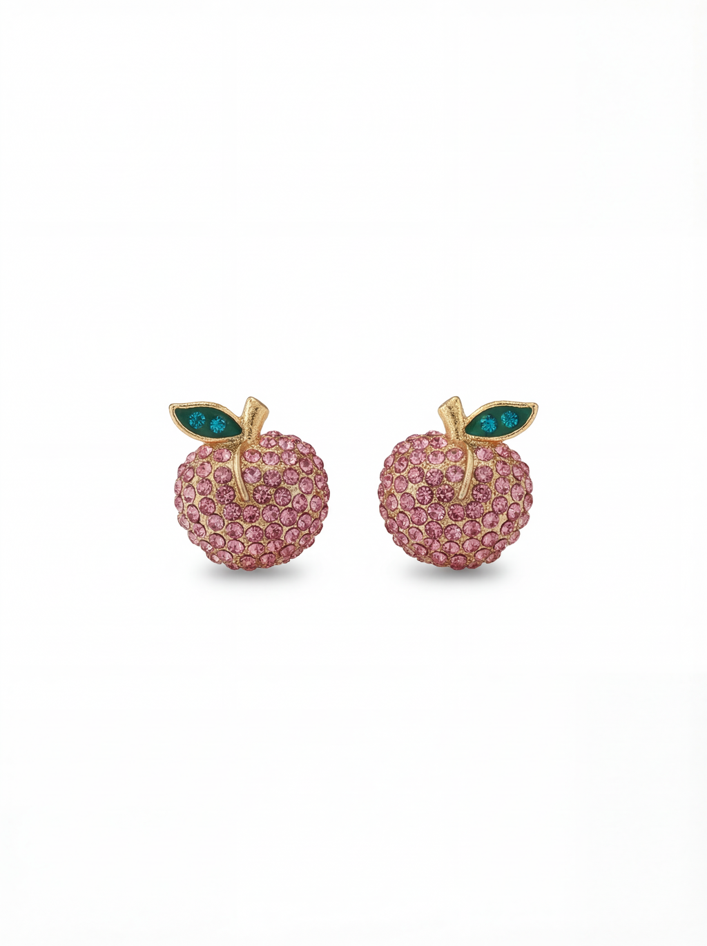Pink apple-shaped earrings with green leaves on a white background