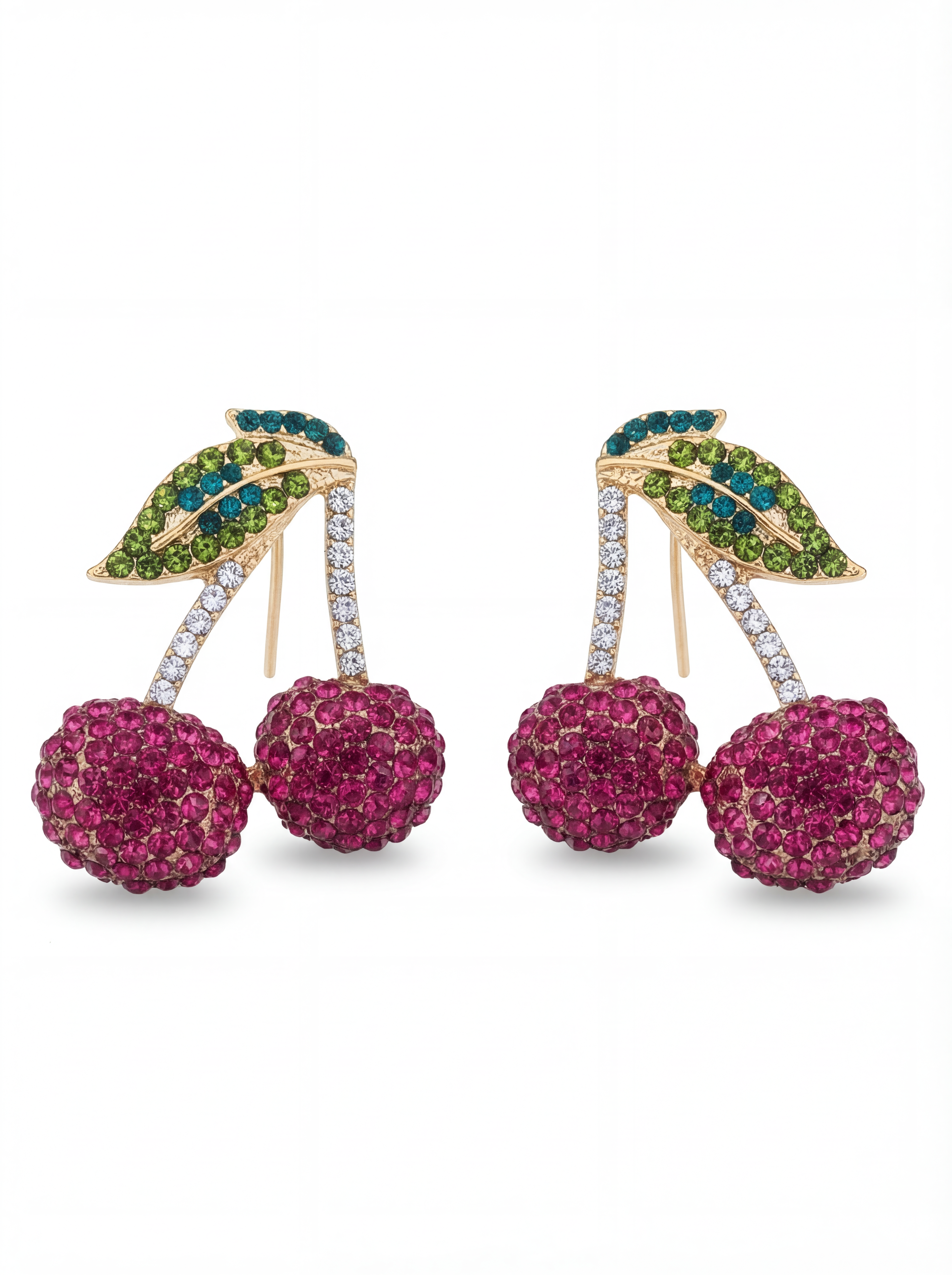 Cherry-themed earrings with pink gemstones and green leaves on a white background