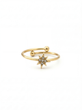 Gold open ring with star-shaped design on a white background