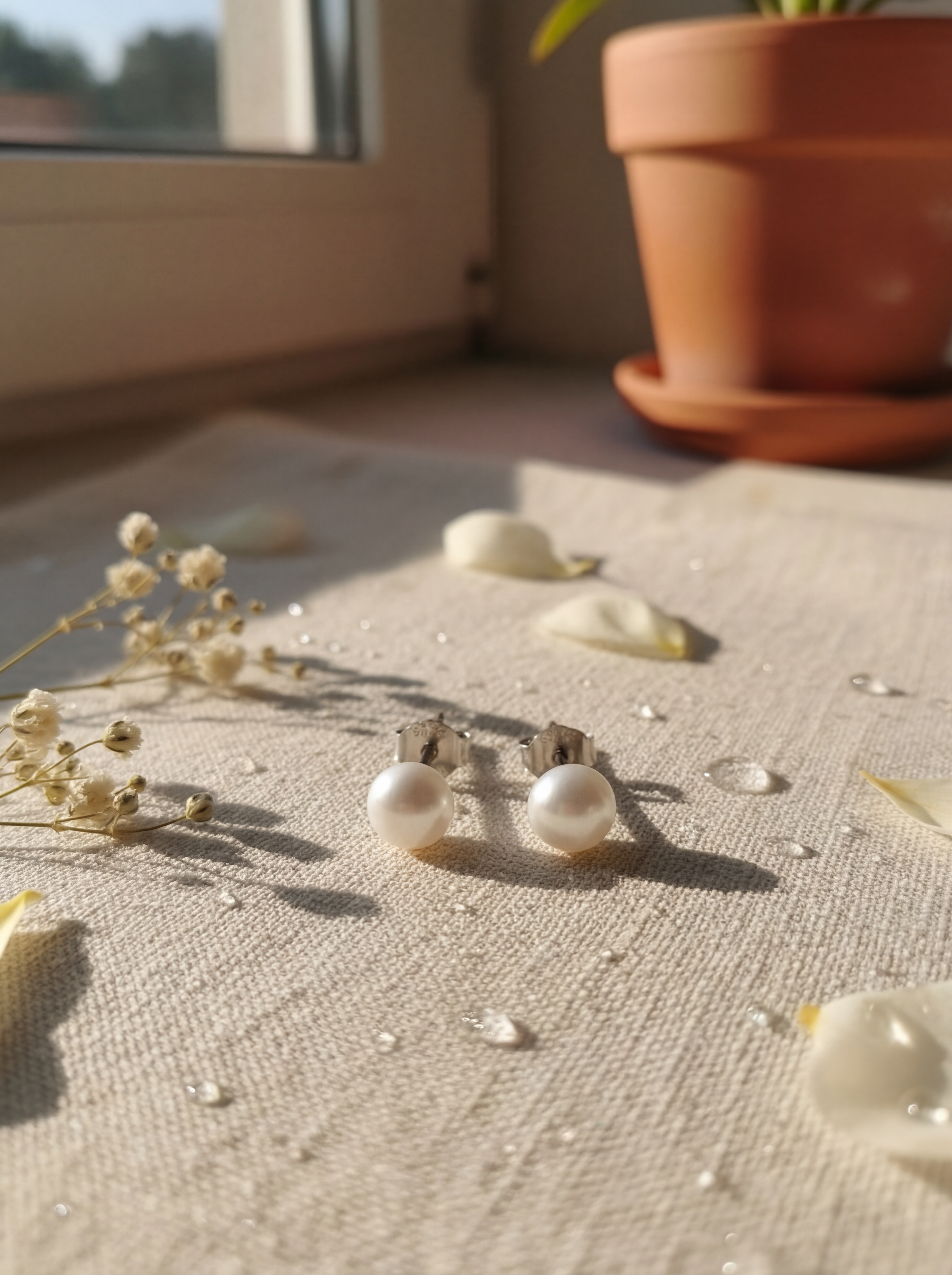 Pearl earrings on a textured surface with dried flowers and a pot in the background