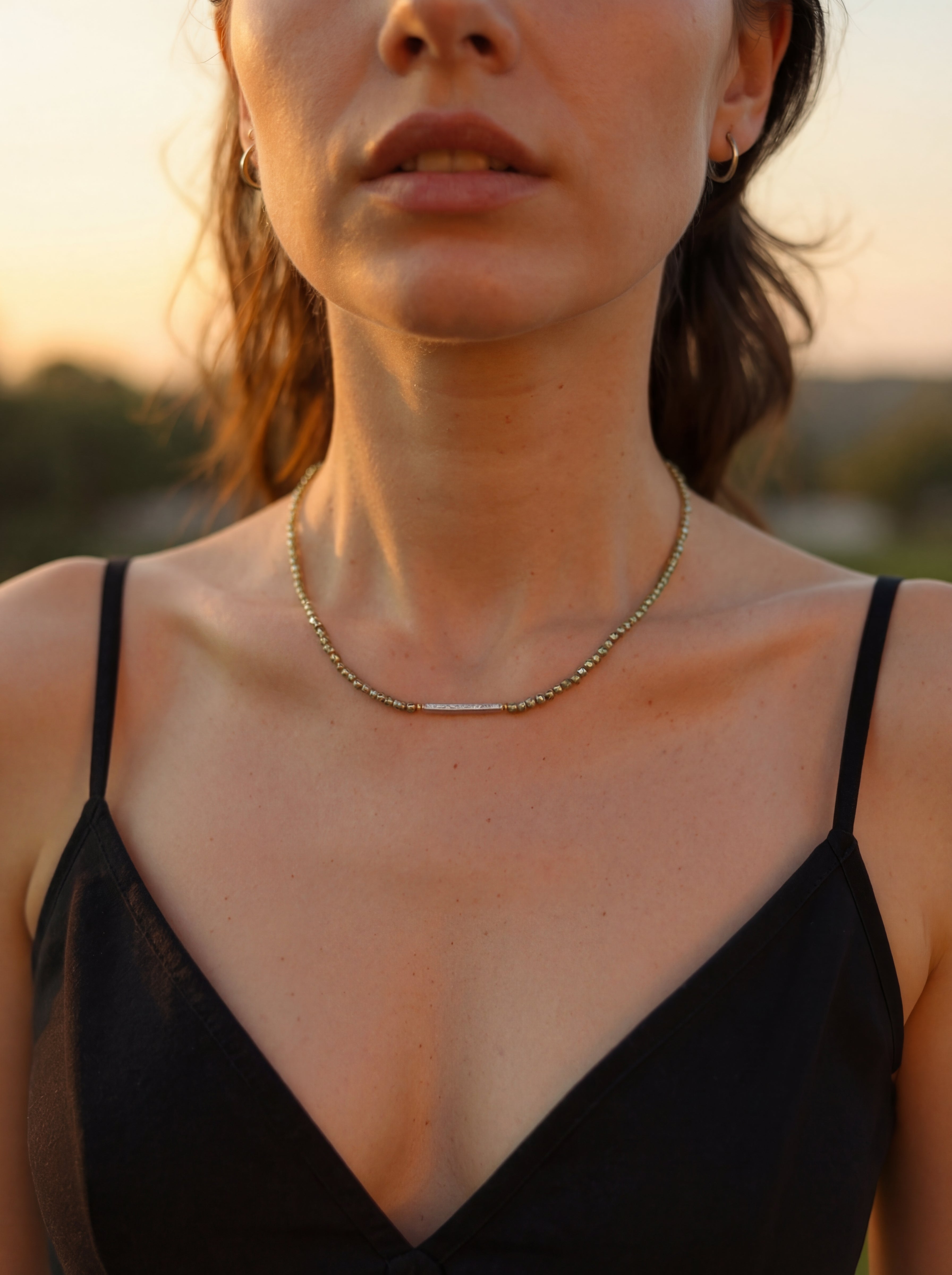 Freshwater Pearl Bar Bead Necklace - Dainty Olive Green Beaded