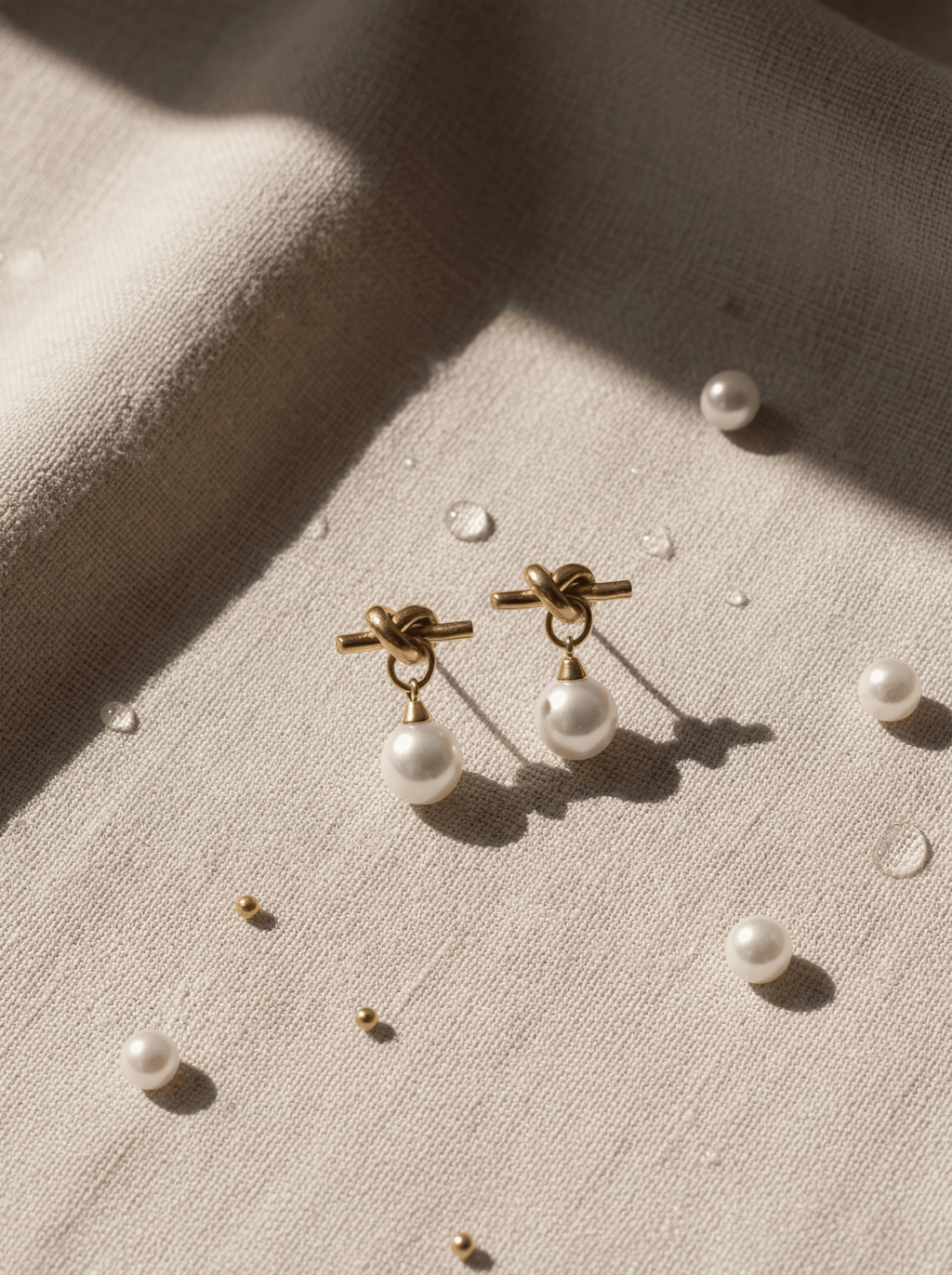 Pearl earrings with gold clasps on a textured beige fabric background