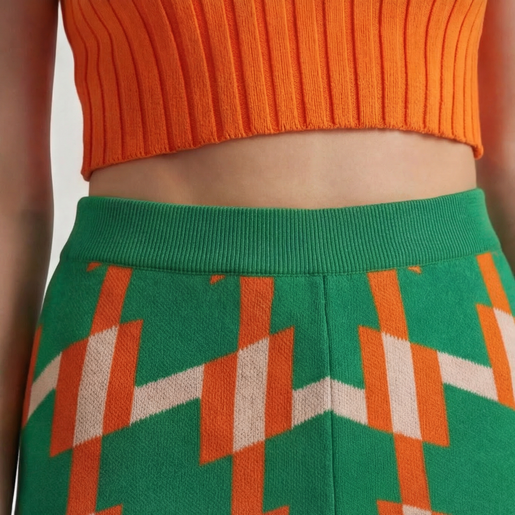 Retro Dark Green Geometric Knit Wide-Leg Trousers