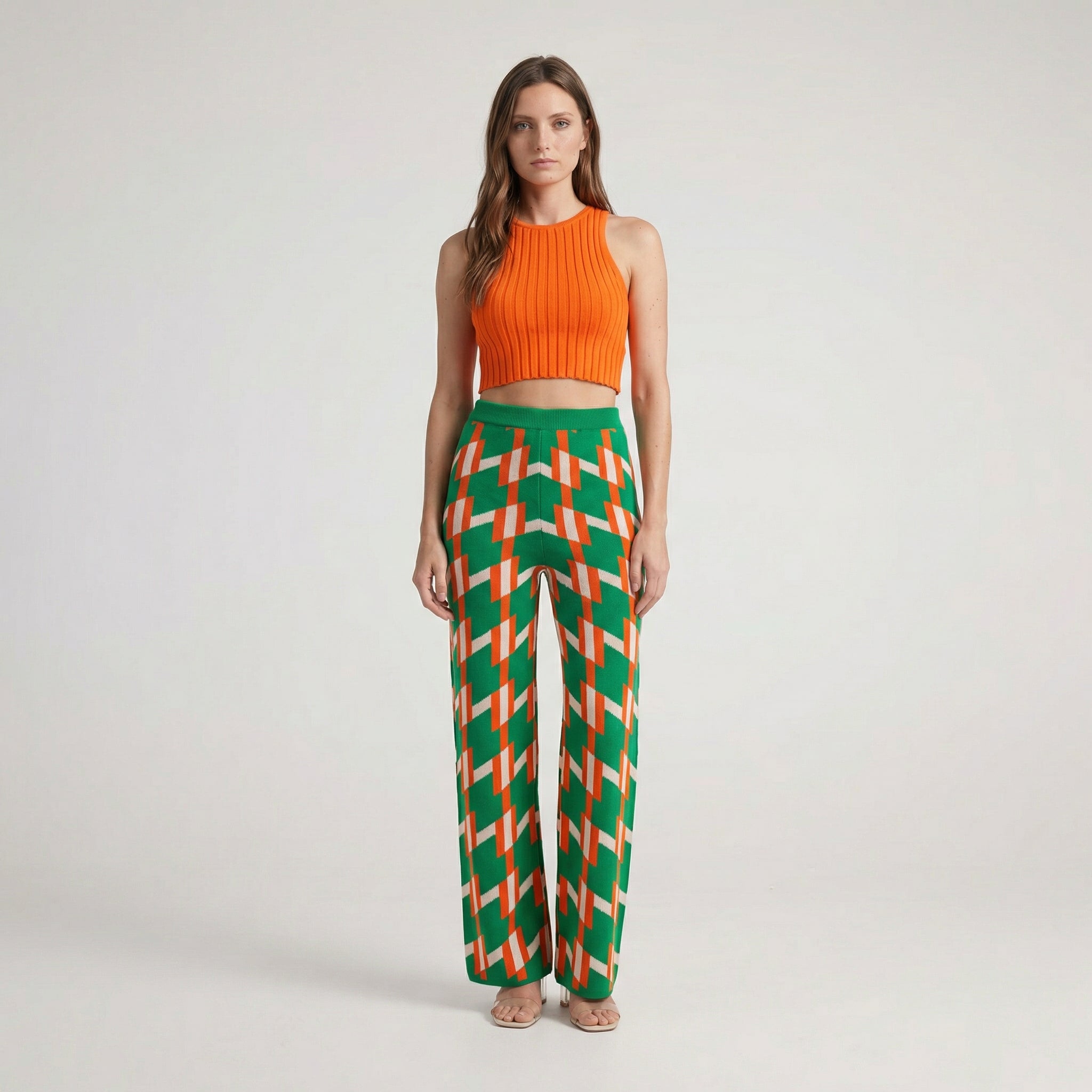 Retro Dark Green Geometric Knit Wide-Leg Trousers