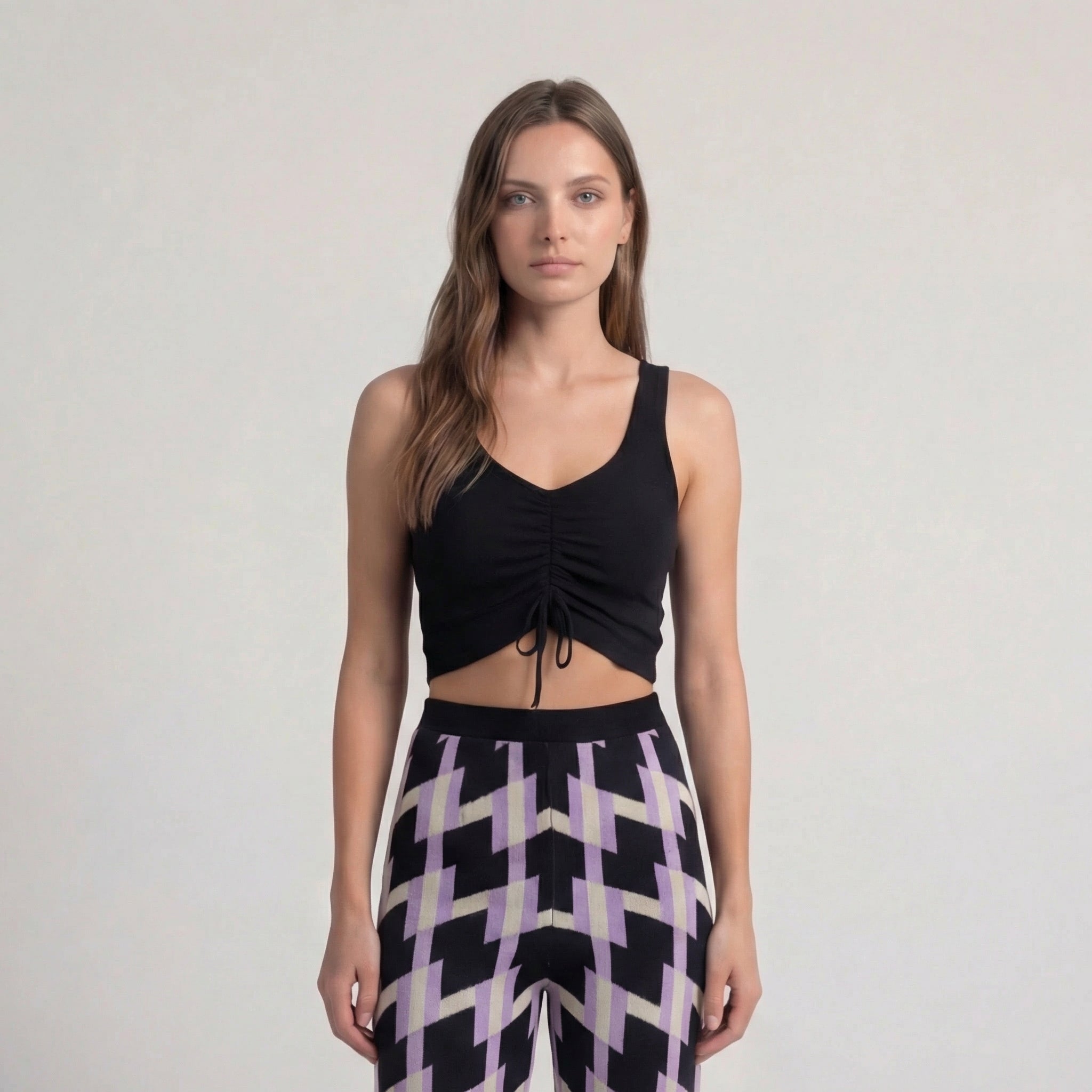 Retro Geometric Pattern Knit Wide-Leg Trousers in Purple & Black