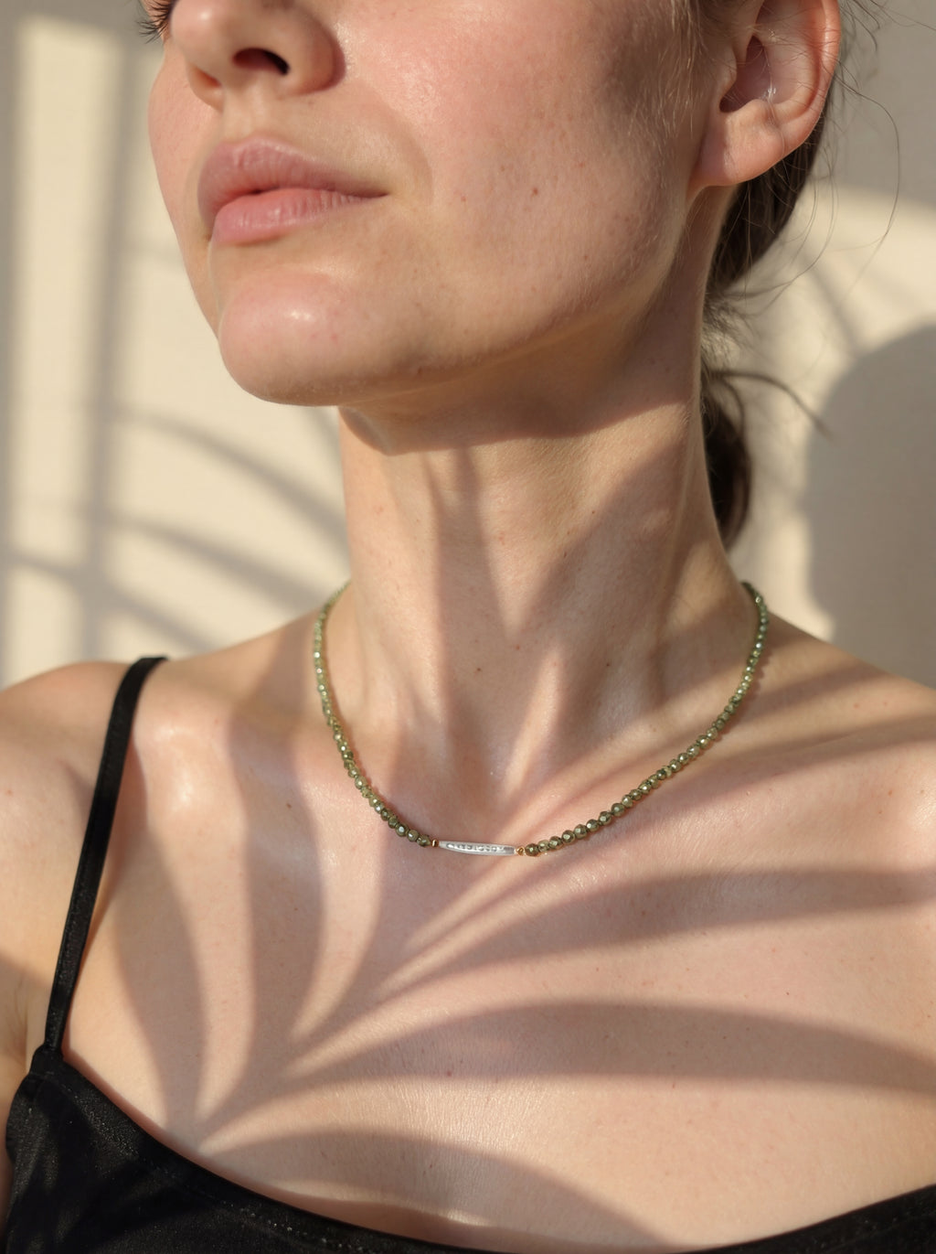 Freshwater Pearl Bar Bead Necklace - Dainty Olive Green Beaded