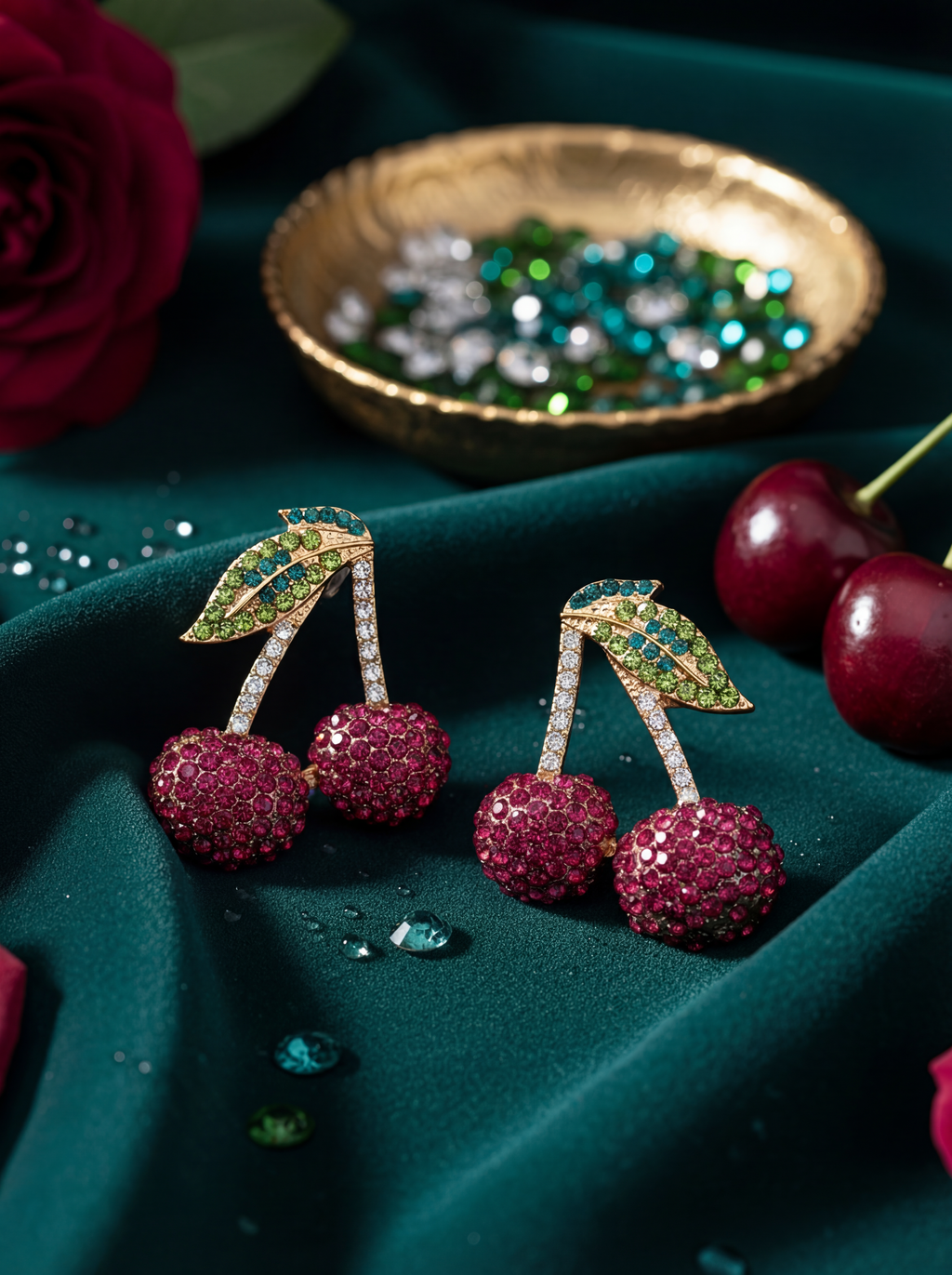 Cherry-shaped earrings with gemstones on a green surface with a rose and bowl of stones.