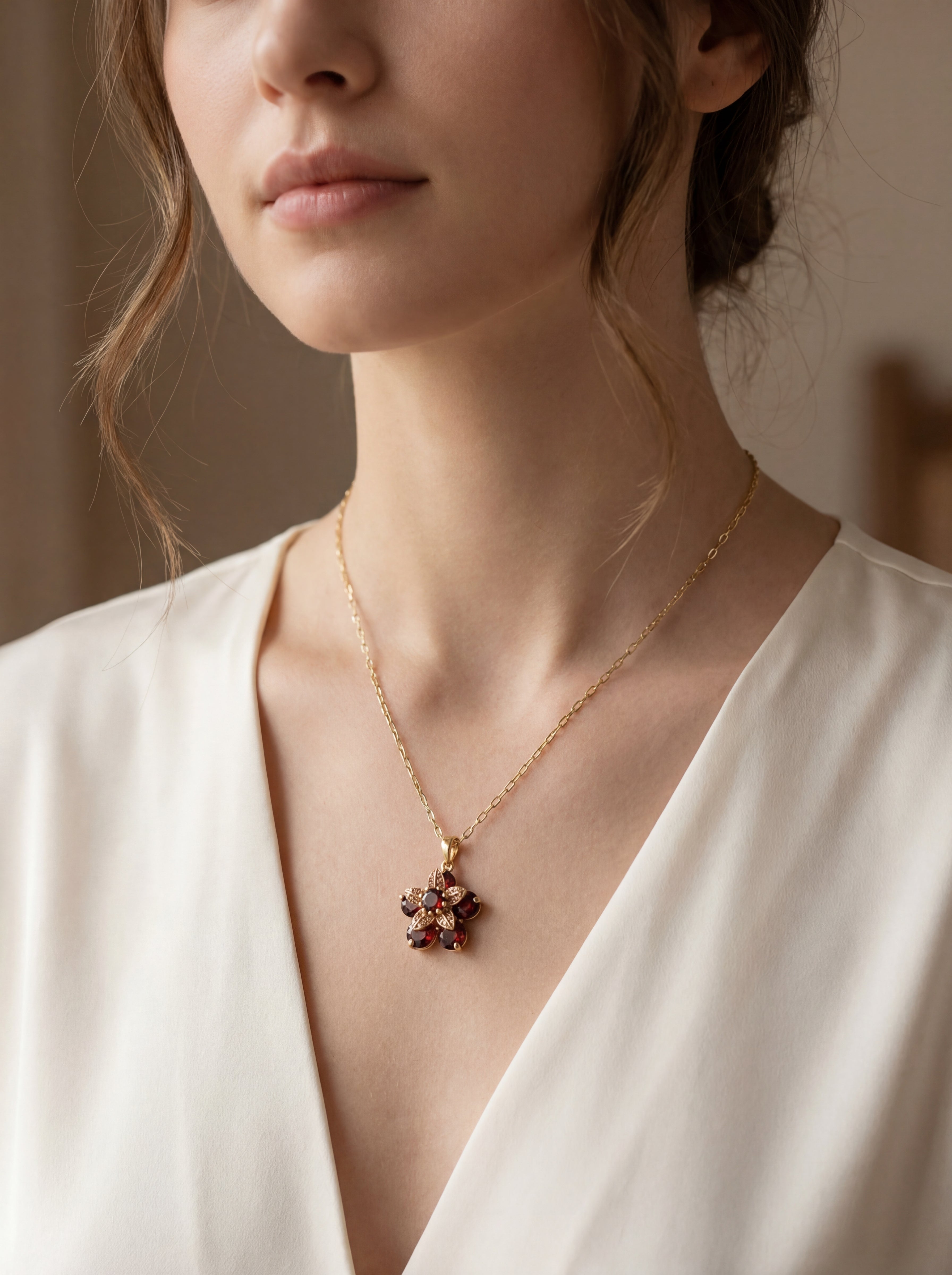 18K Gold Plated Ruby Flower Necklace - Zircon Simple Style