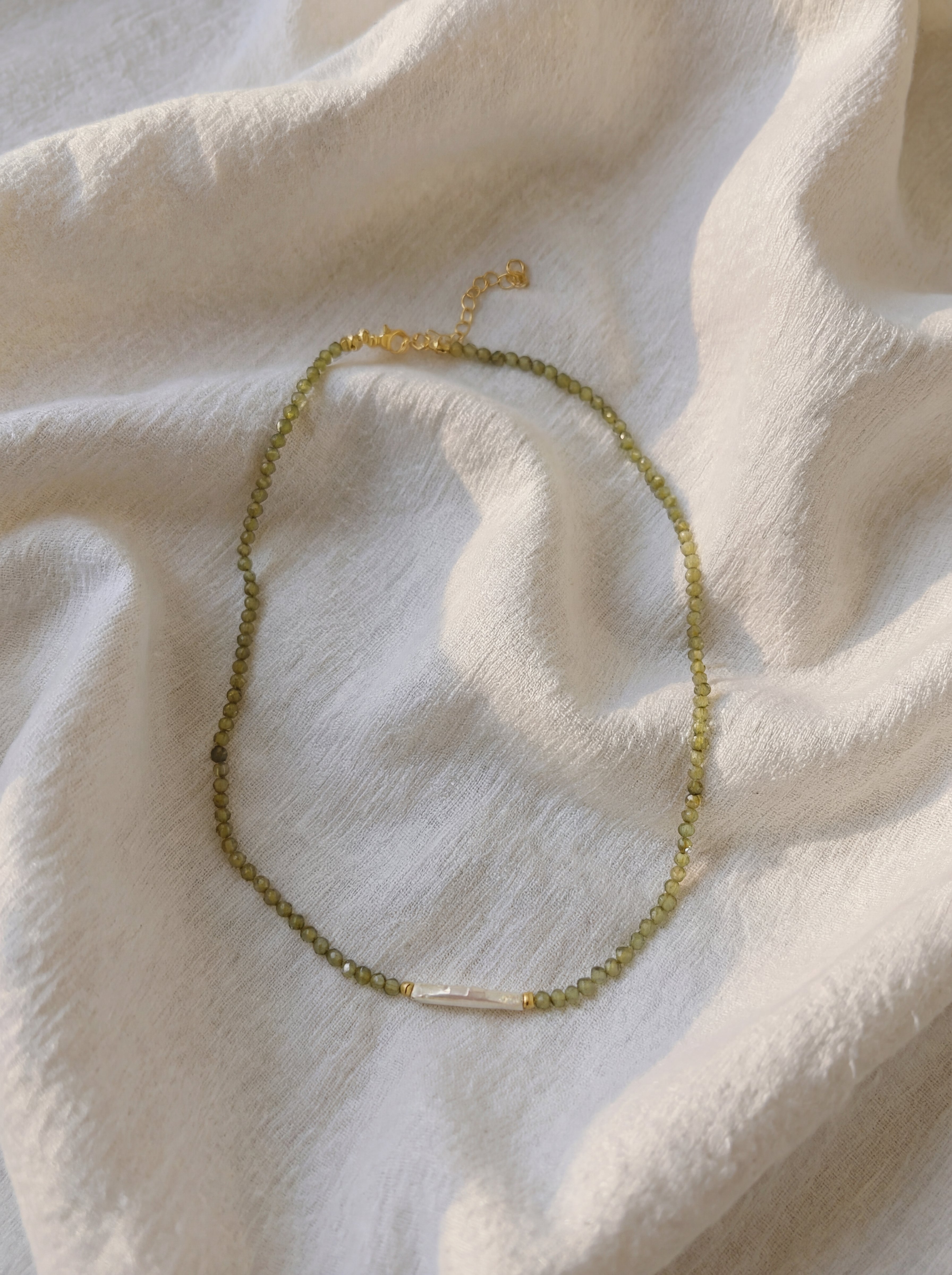 Freshwater Pearl Bar Bead Necklace - Dainty Olive Green Beaded