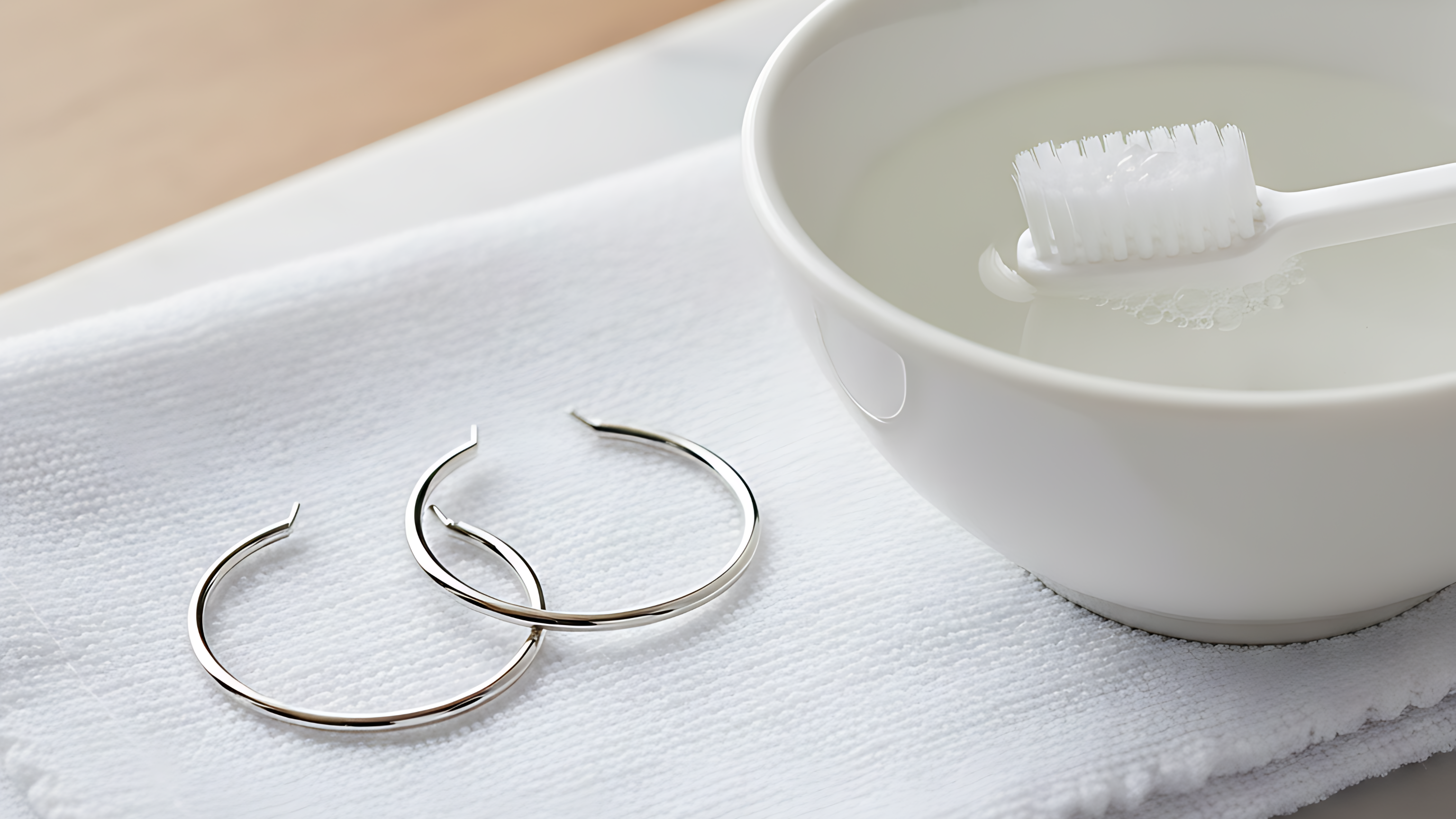 Silver hoop earrings on a white towel with a bowl containing a toothbrush in the background.
