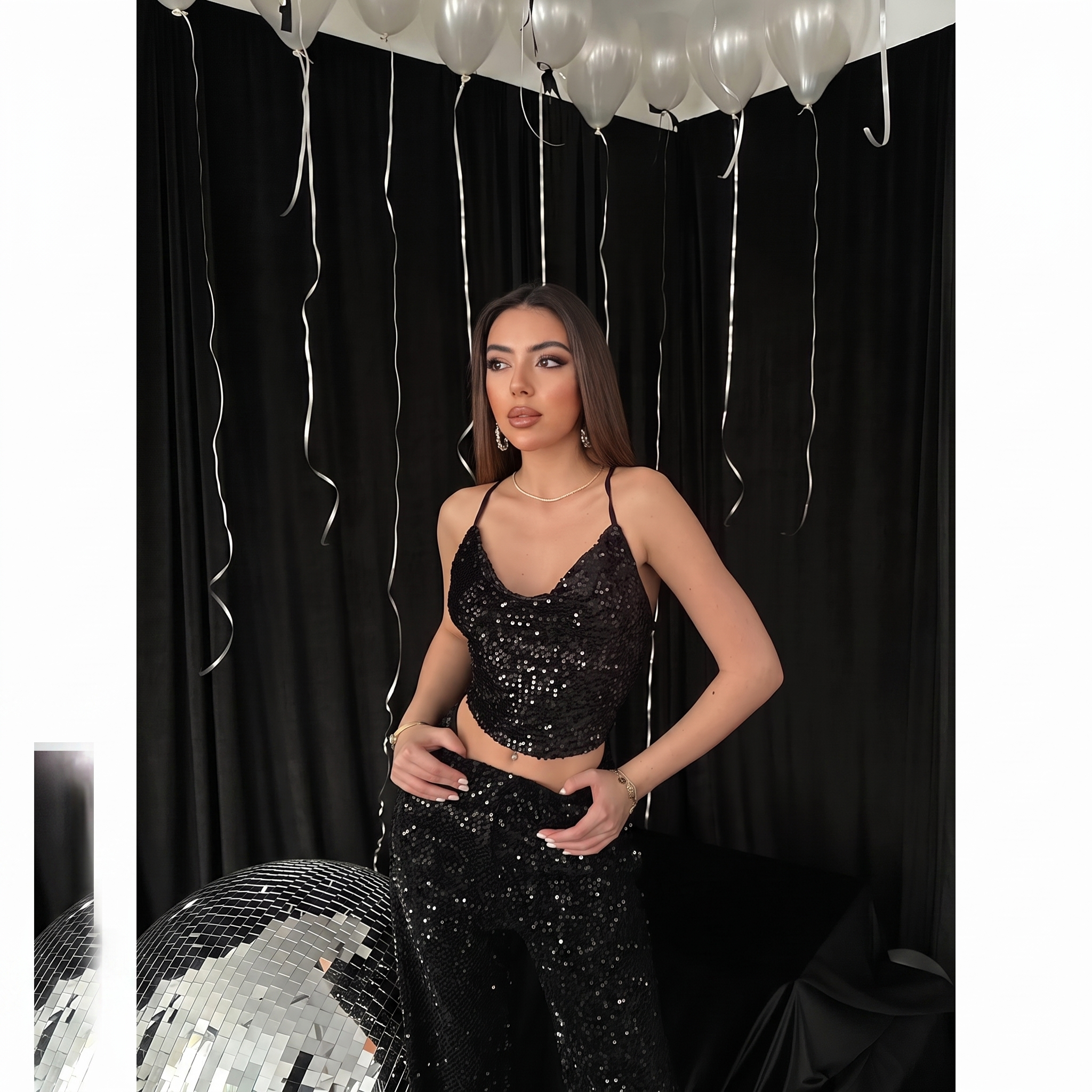 Glamorous Black Sequin Cowl Neck Strappy Crop Top Blouse