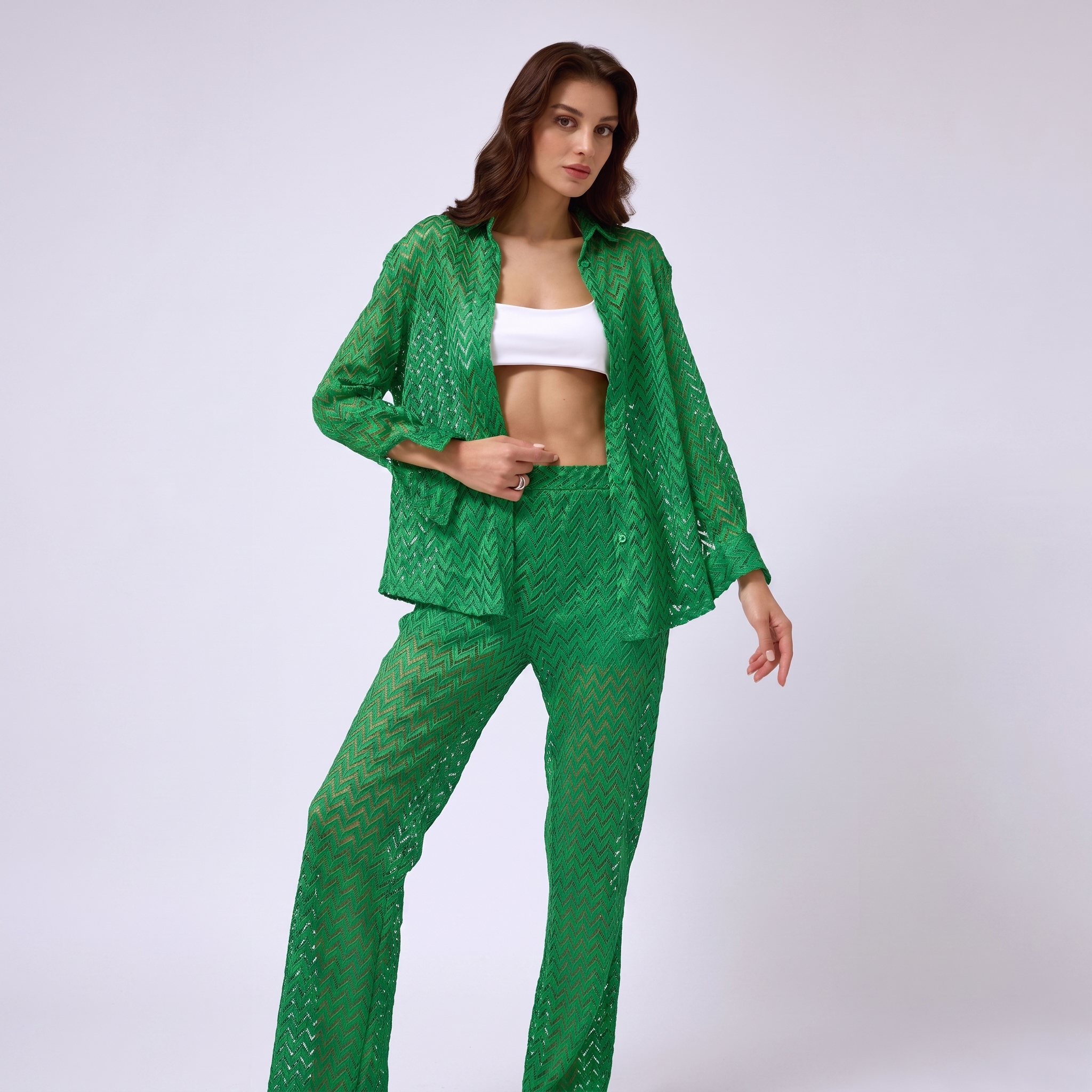 Emerald Green Chevron Crochet Shirt and Palazzo Trousers Set