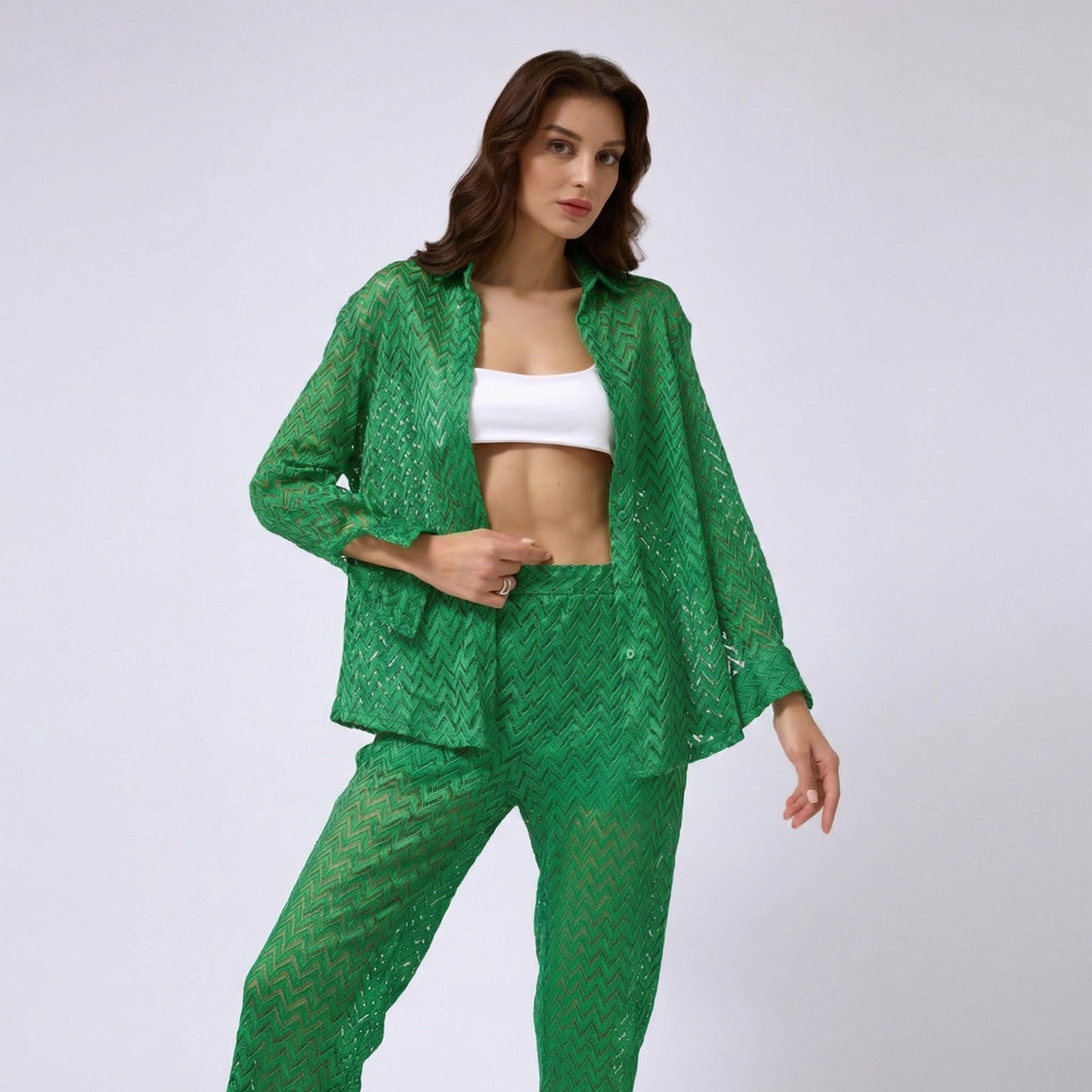 Emerald Green Chevron Crochet Shirt and Palazzo Trousers Set