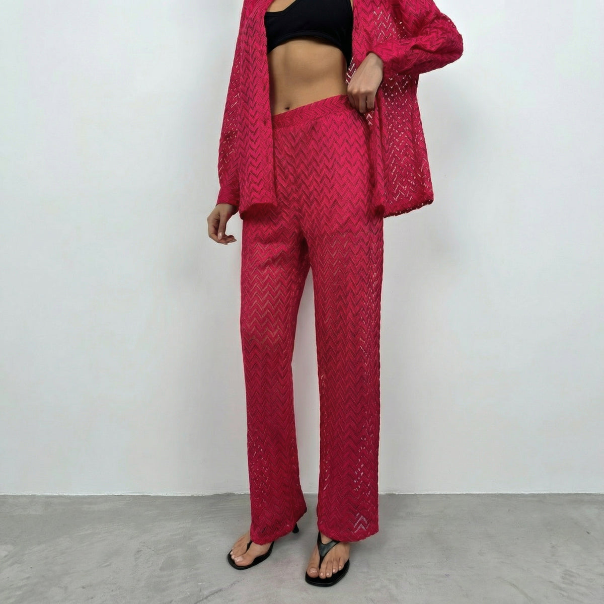 Red Chevron Crochet Knit Palazzo Shirt and Trousers Set