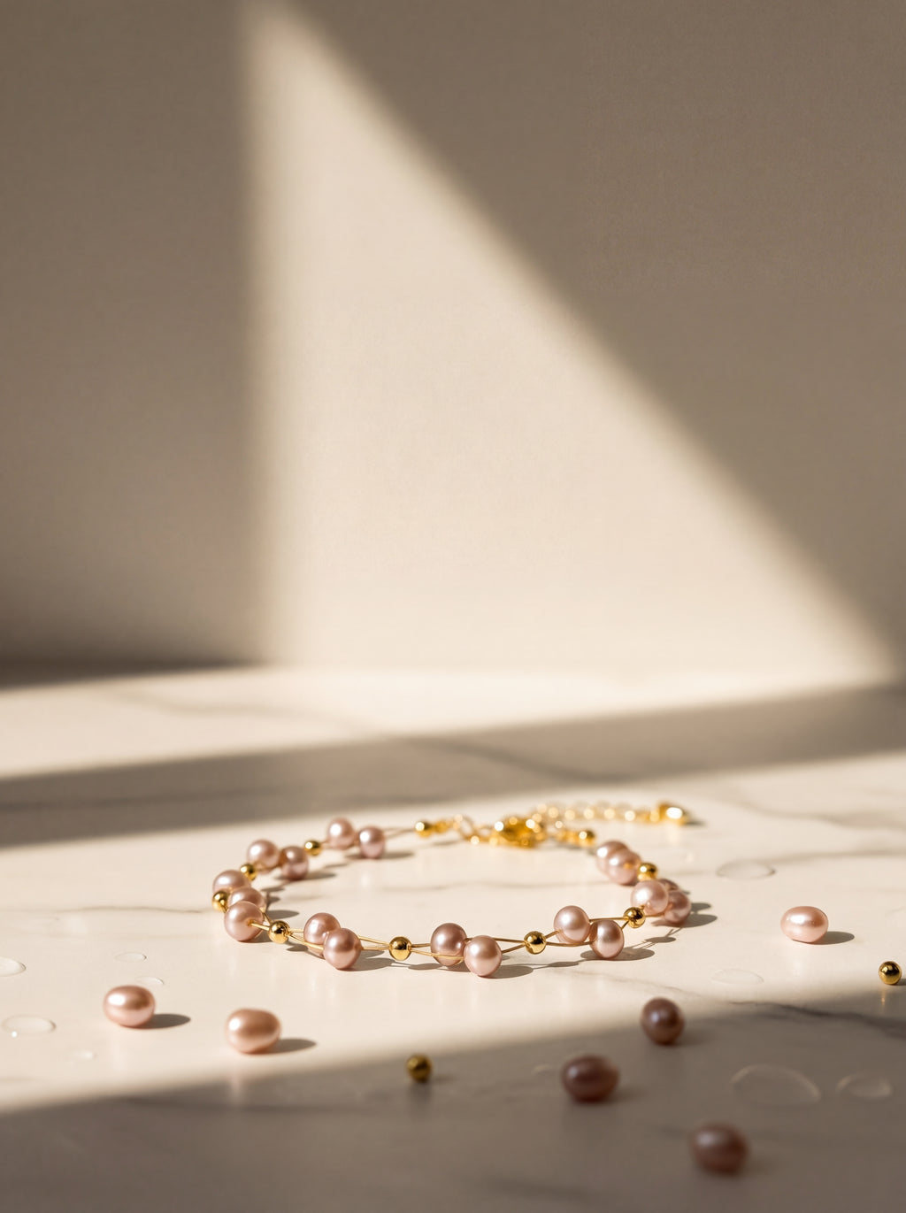 Pearl bracelet with gold accents on a light surface with soft shadows