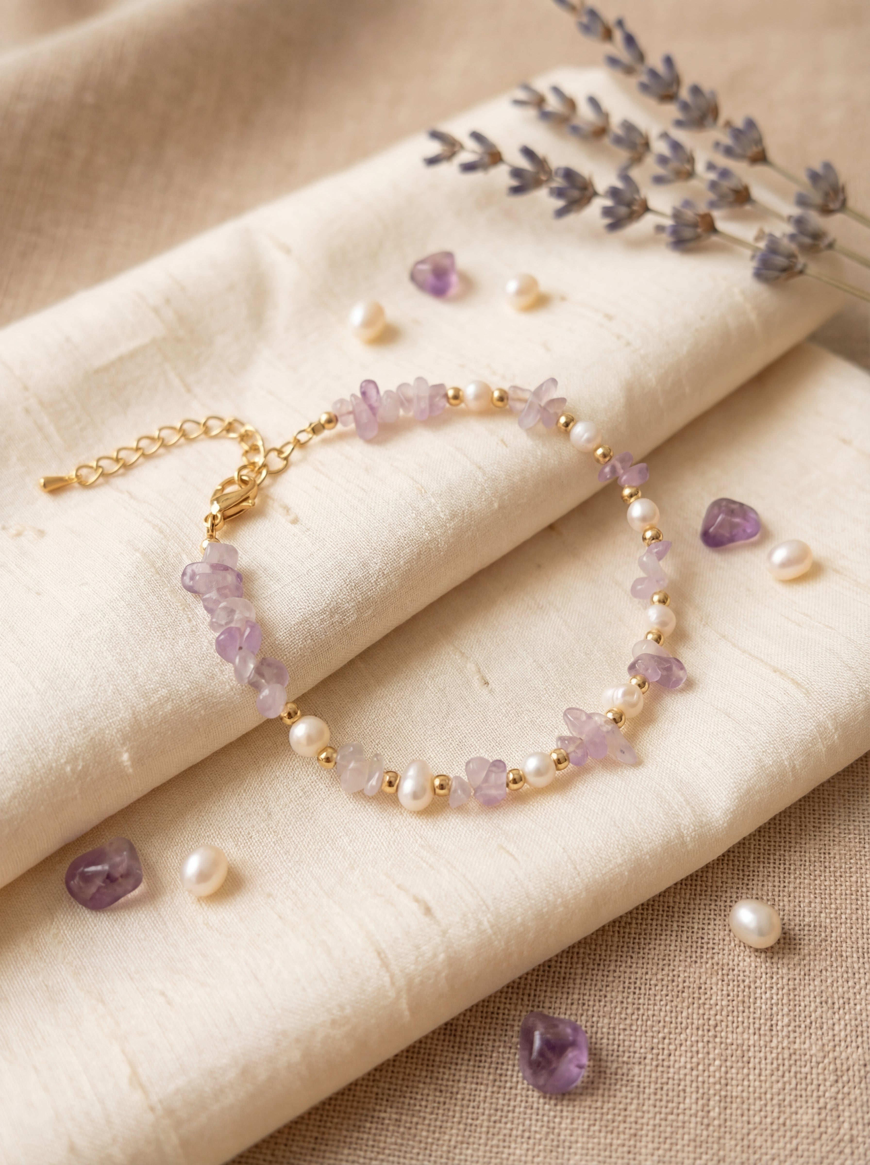 Delicate bracelet with purple and white beads on a beige fabric background