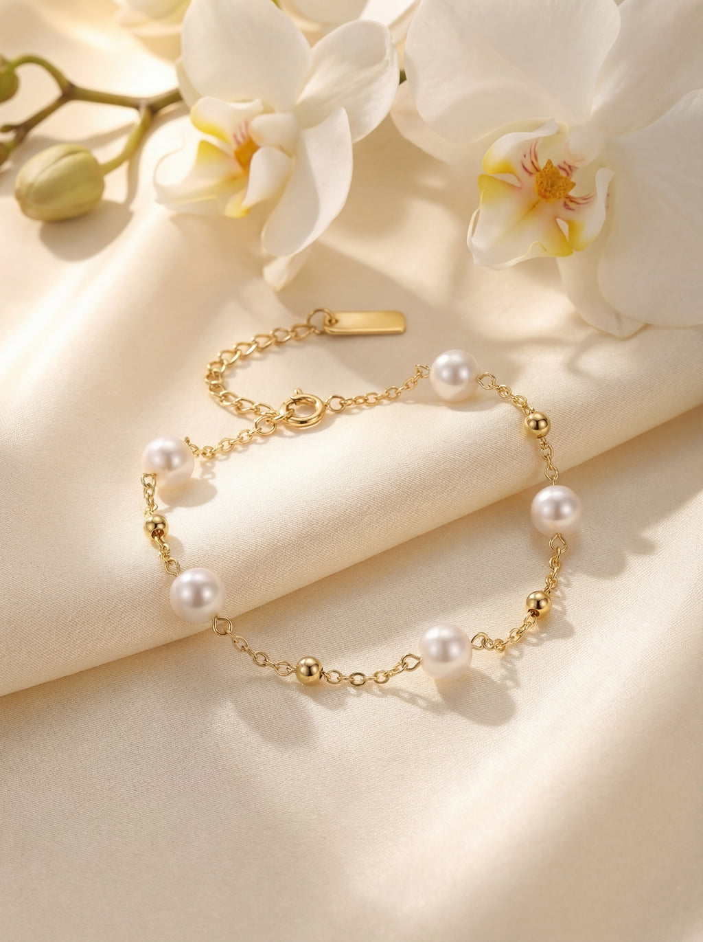 Gold bracelet with pearls on a beige surface with flowers in the background