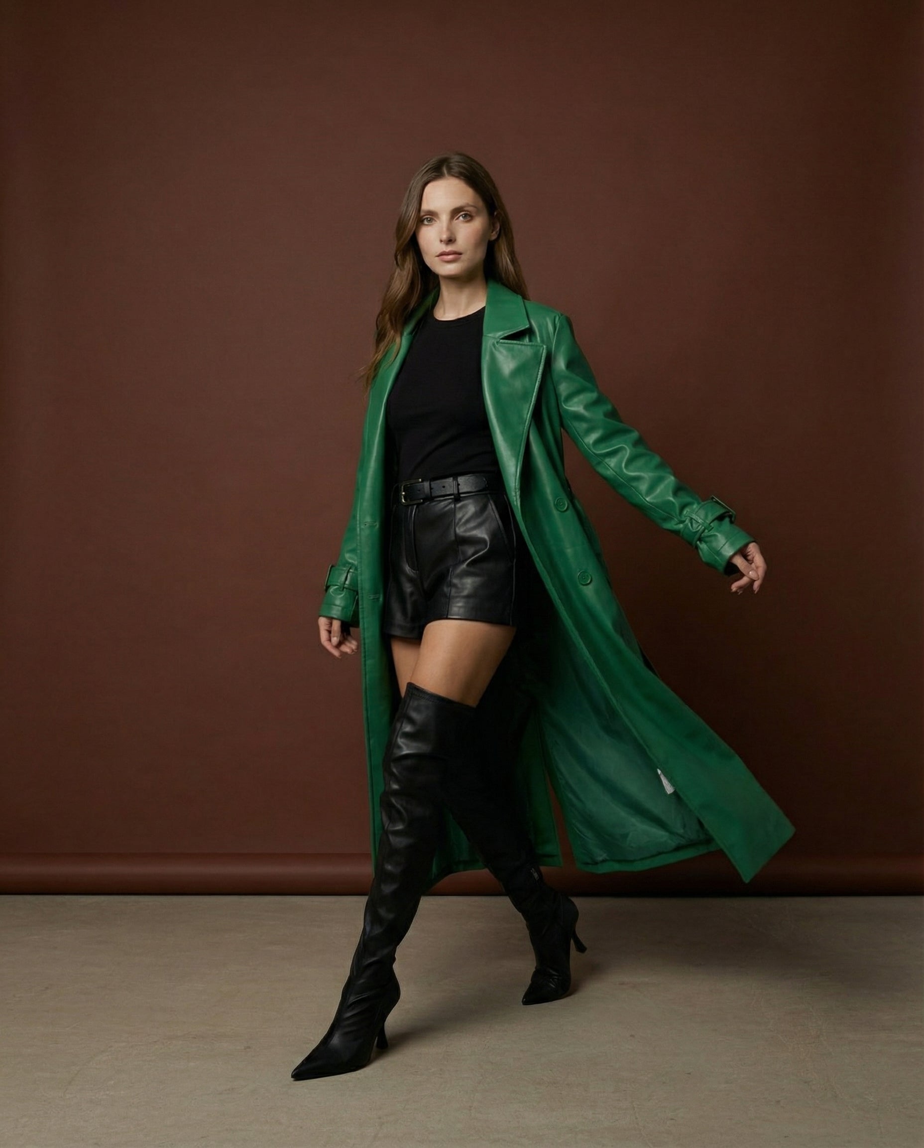 "Emerald Aura" Faux Leather Trenchcoat - Elegant Single-Breasted Long Coat