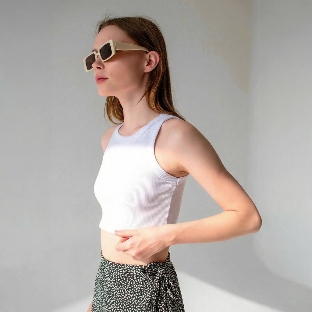 Bílý žebrovaný crop top na zavazování za krk