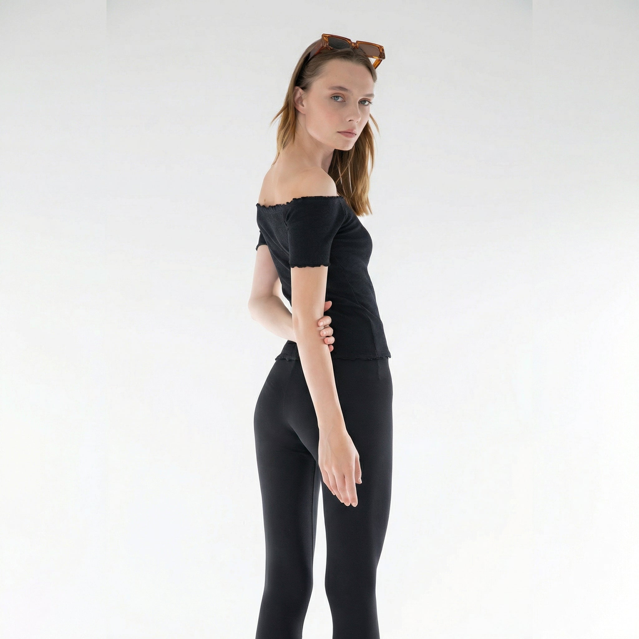 Sort Strikket Carmen-krage Off-Shoulder Crop Bluse
