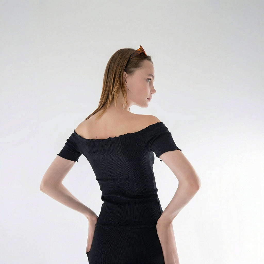 Sort Strikket Carmen-krage Off-Shoulder Crop Bluse