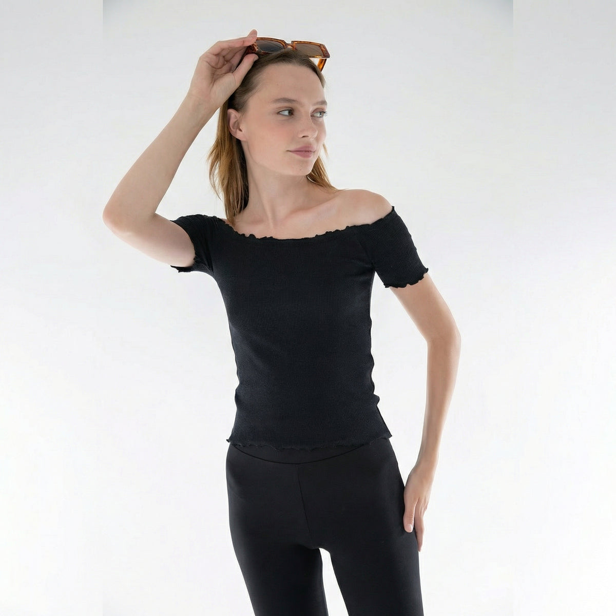 Sort Strikket Carmen-krage Off-Shoulder Crop Bluse
