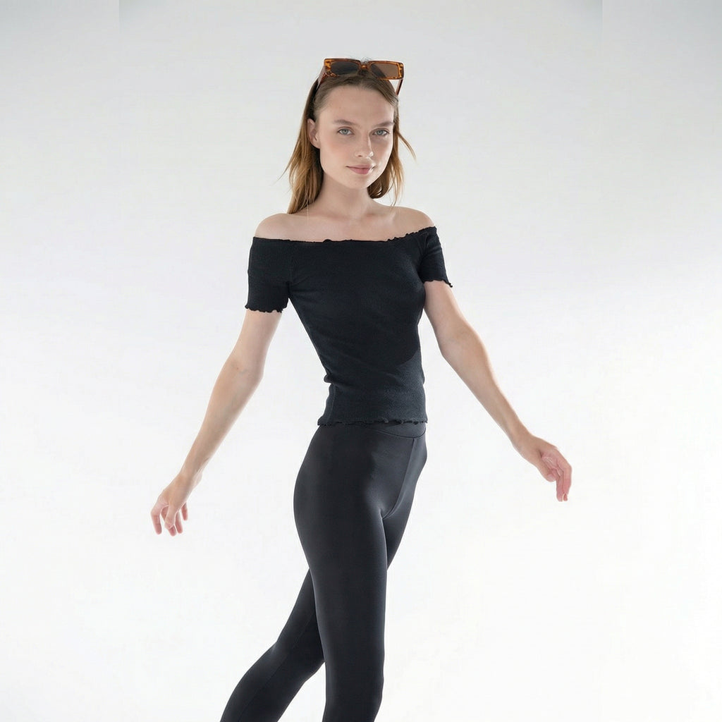 Sort Strikket Carmen-krage Off-Shoulder Crop Bluse