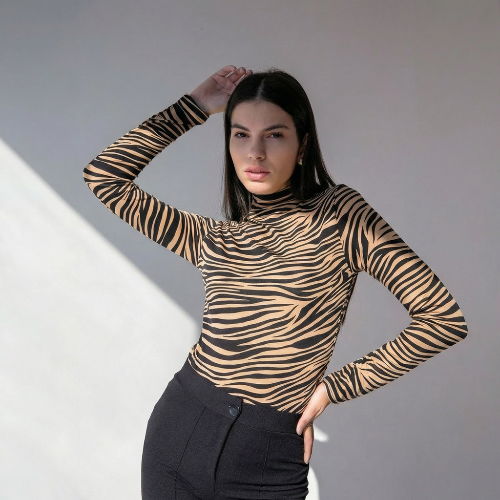 Bodysuit med høj hals og lange ærmer i tigerprint