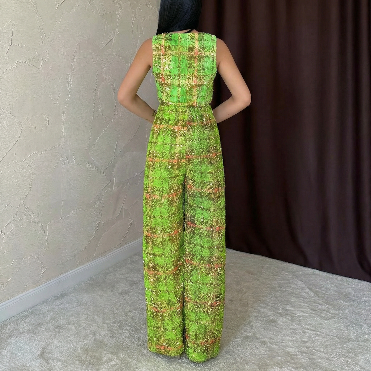 Green Sequined Tweed Crop Vest and Wide Leg Trousers Co-ord Set