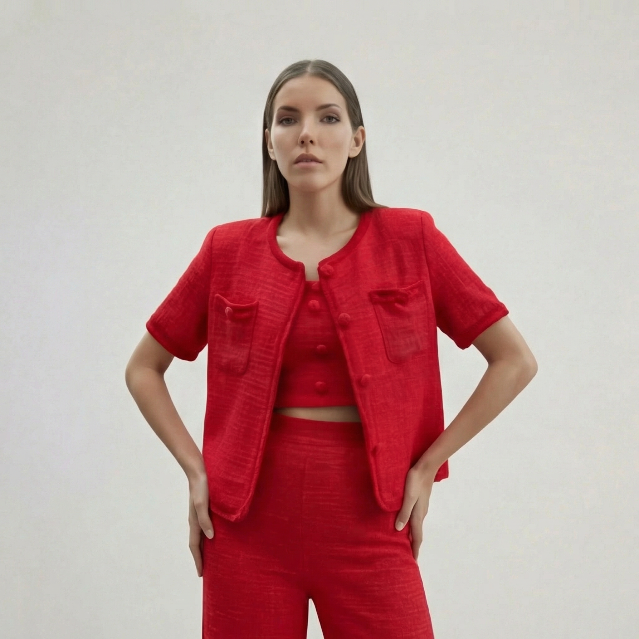 Red Elegant Tweed Style Three-Piece Trouser Set