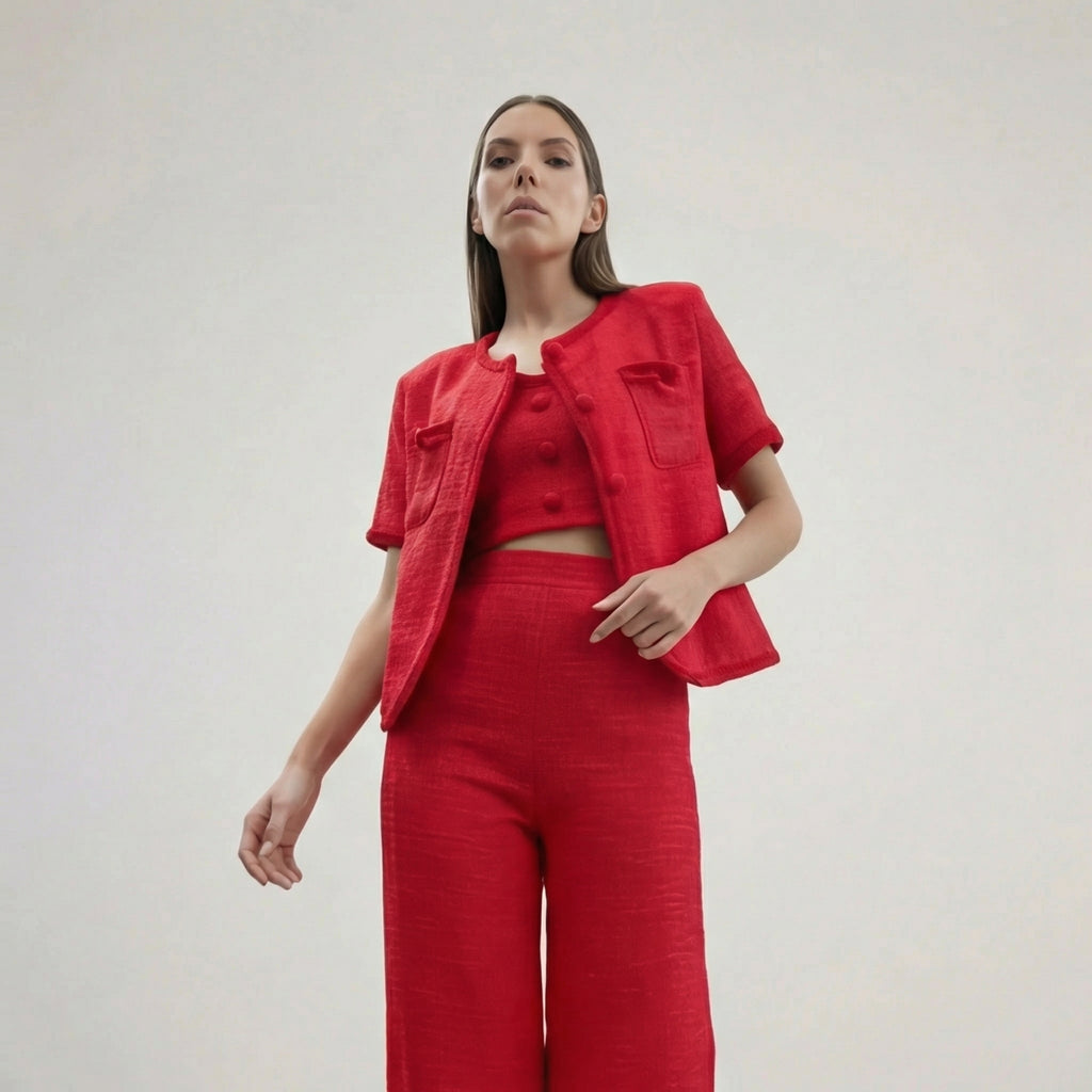 Conjunto Elegante de Calças de Tweed Vermelho em Três Peças