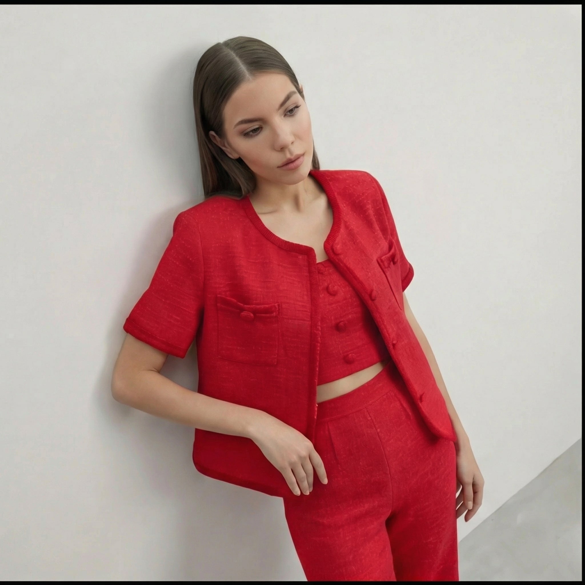 Red Elegant Tweed Style Three-Piece Trouser Set