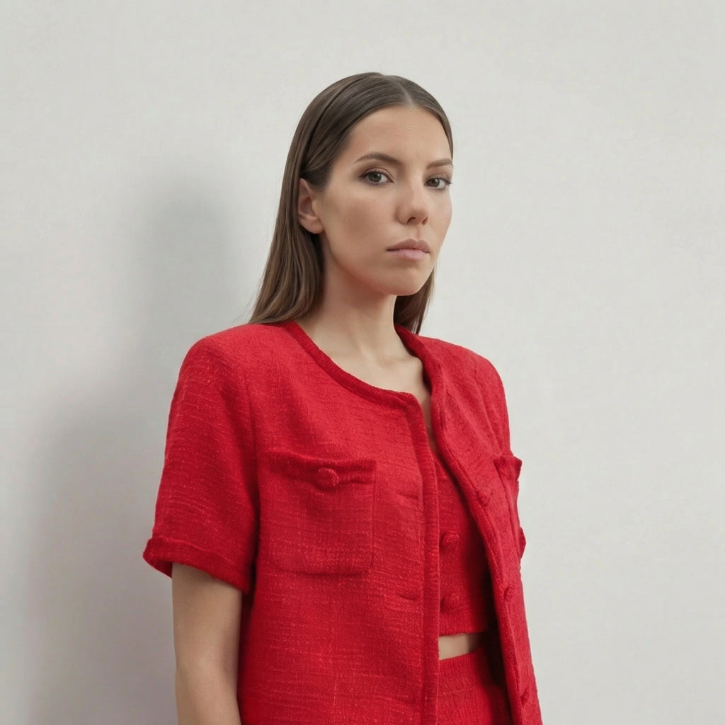 Conjunto Elegante de Calças de Tweed Vermelho em Três Peças