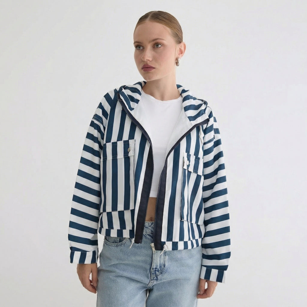 Casaco Corta-Vento Casual com Capuz Riscado Azul e Branco