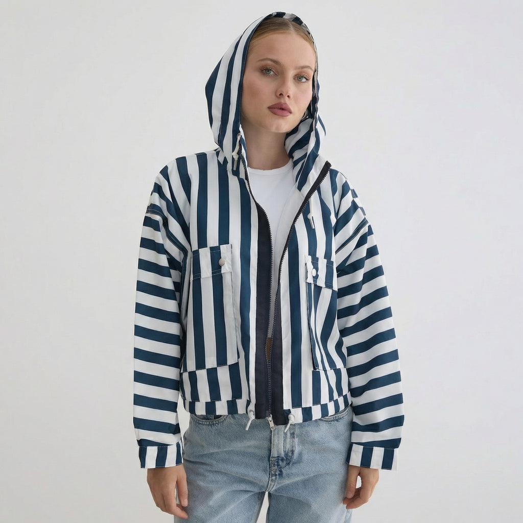 Casaco Corta-Vento Casual com Capuz Riscado Azul e Branco
