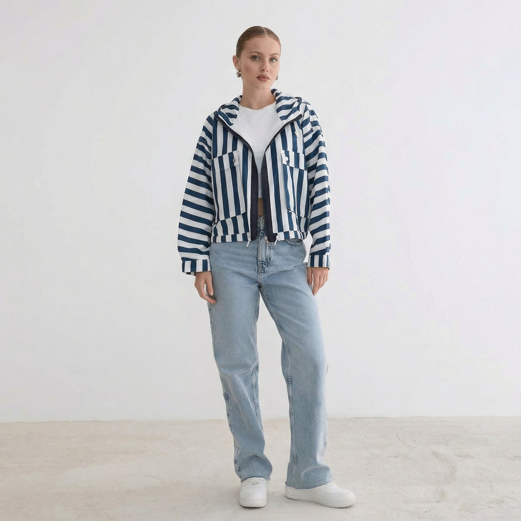Casaco Corta-Vento Casual com Capuz Riscado Azul e Branco