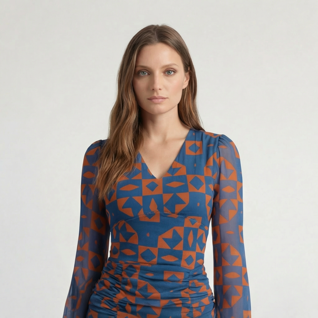 Vestido Curto com Decote V Franzido Geométrico Azul e Ferrugem